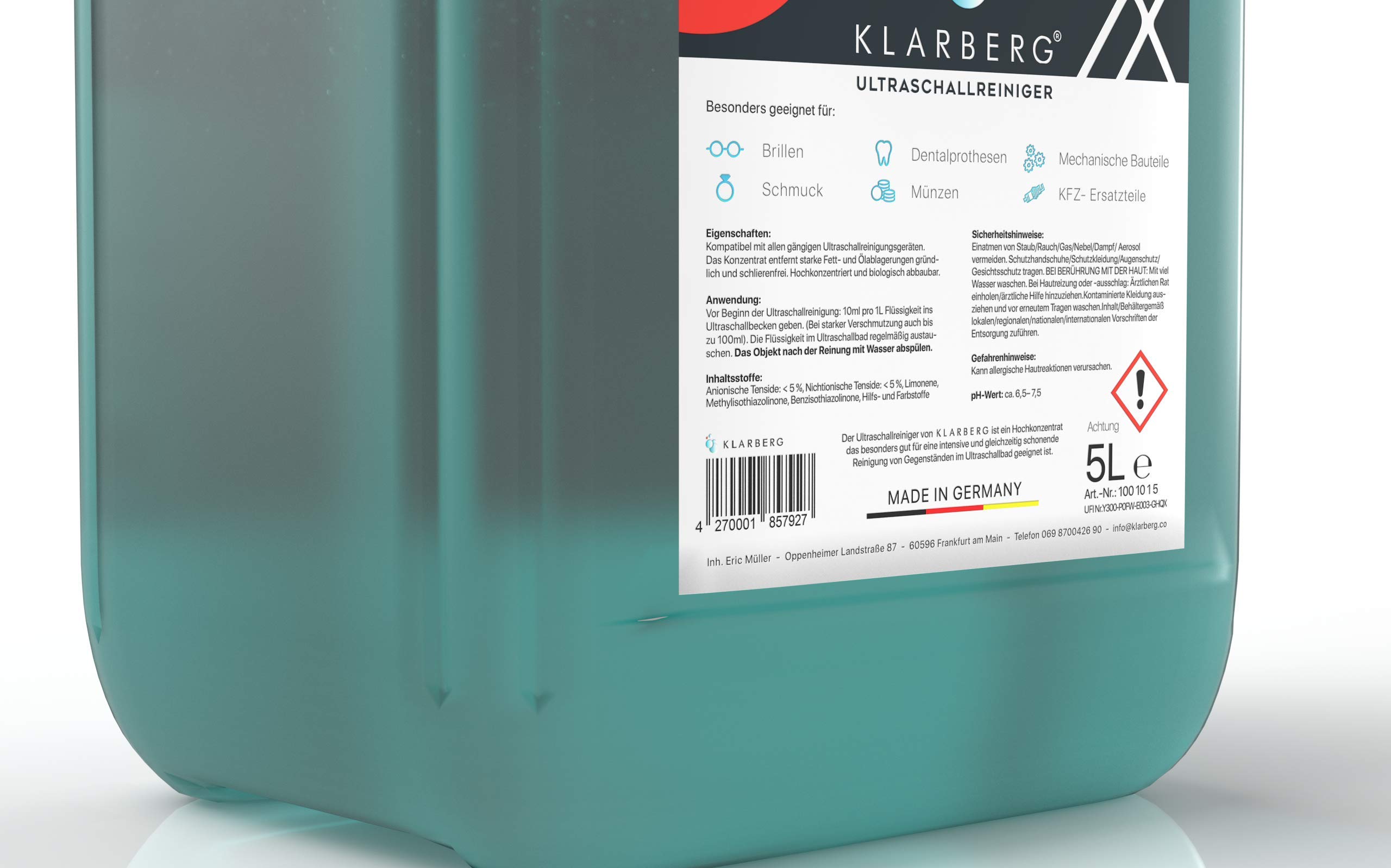 KLARBERG® Ultraschallreiniger Konzentrat (5L) 1:100 Reinigungsmittel für Ultraschallgeräte - Brillenreiniger, Schmuckreiniger, Vergaser und Silber Reiniger für Ultraschallgerät | Hochkonzentrierte Reinigungslösung. Löst Fett und Öl schonend in deinem Ultr