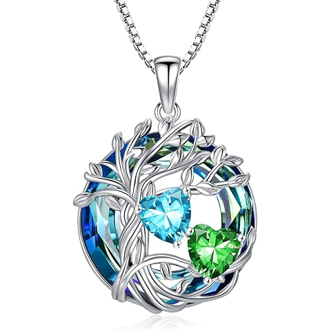 TOUPOP s925 Sterling Silver Family Celtic Tree of Life Pendant Necklaces with 2 Heart Birthstone with Blue Austrian Crystal Jewelry Birthday Anniversary Christmas Gifts for Her Wife Girlfriend Mom (18K Real White Gold Filled)