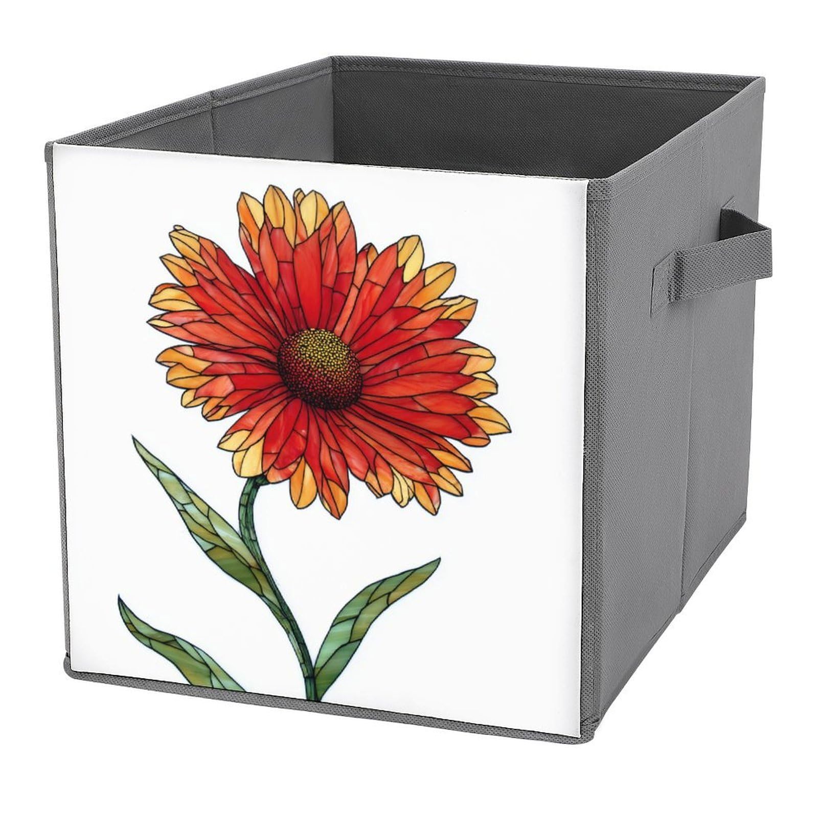 Jubonexis Stained Glass Indian Red Wildflower Cube Storage Bins Storage Cubes Foldable Decorative Fabric Storage Baskets Home Organizers with Handles for Shelves,Closet, 27x27 CM