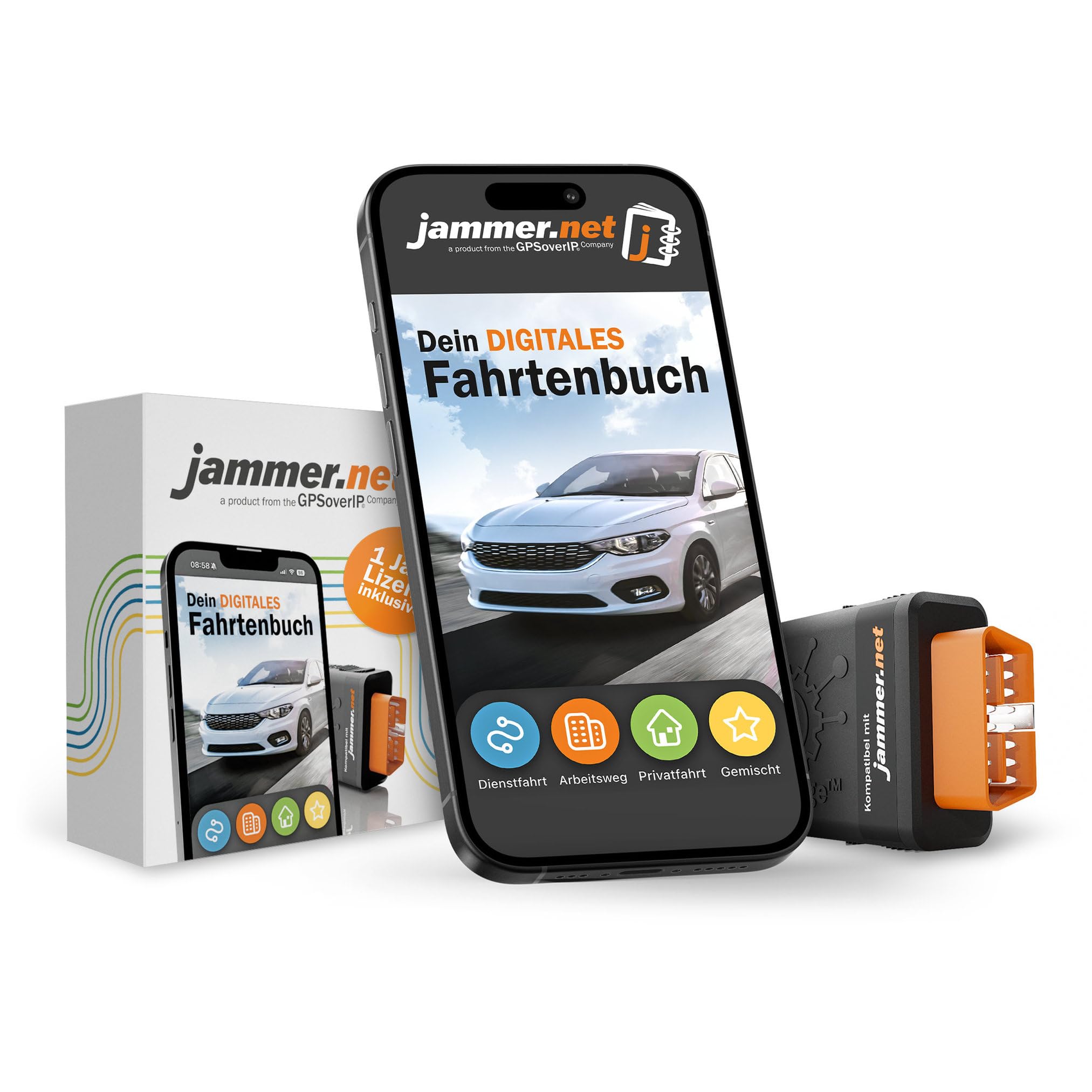 Jammer.net - Digitales Fahrtenbuch, finanzamtkonform: GPSauge OBD-Stecker, inkl. Jahreslizenz, Portalzugang am PC & mobiler App. Für alle Fahrzeuge geeignet. Kein Vertrag! (Basispaket)