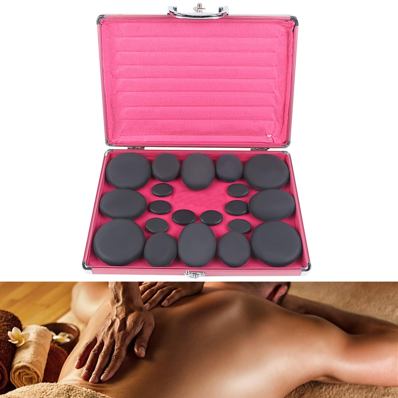 20 sztuk Hot Stone zestaw do masażu w 4 różnych rozmiarach, przenośne gorące kamienie z zestawem grzewczym, kamienie bazaltowe, kamienie do masażu do spa, do kompresów na gorąco, Gua Sha.