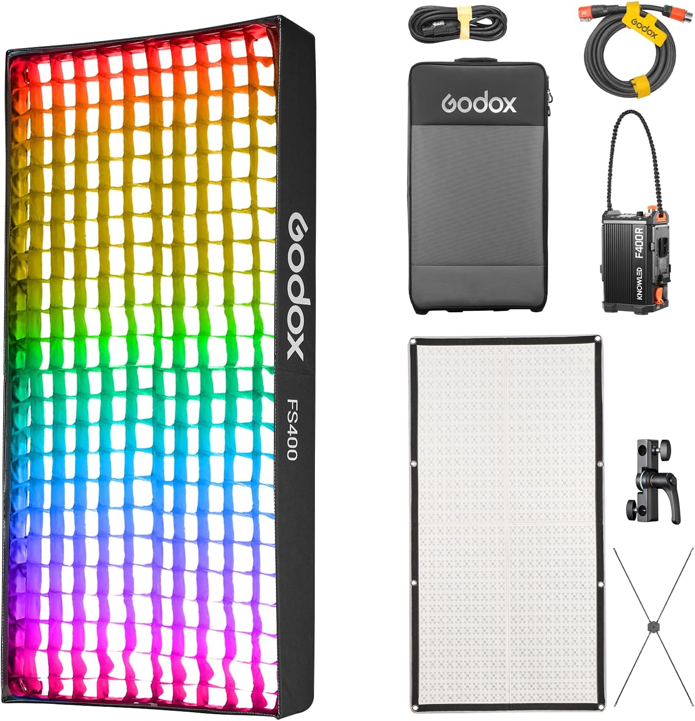 Godox Knowled F400R RGB Flexible LED Video Light Mat, 1800-10,000K RGBW 460W Output LED Light Panel, Waterproof, 14 FX with Grid Softbox, App Control for Film, Broadcast & Video Production (2 x 4')