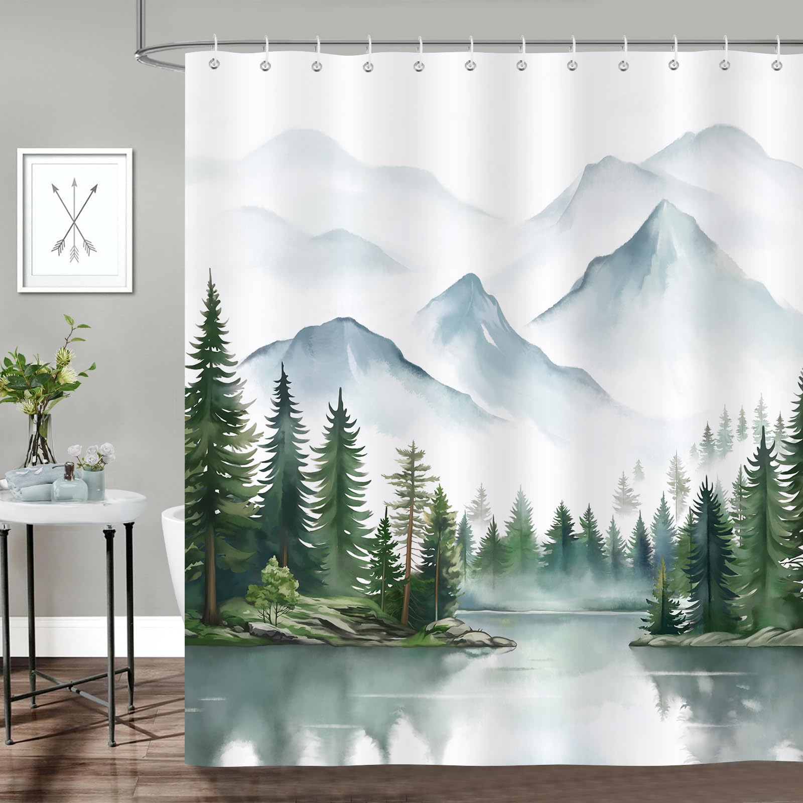 Bonhause Cortina de Ducha Bosque Brumoso Acuarela Montaña Árbol Lago Naturaleza Paisaje Verde Cortina de Baño de Poliéster Impermeable Antimoho Lavable Cortina Ducha 180 x 180 cm con 12 Ganchos