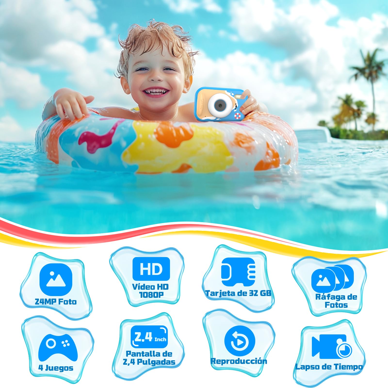 CHAKEYAKE Camara Acuatica Infantil, IP67 1080P Cámara subacuática con Zoom 10X, Pantalla de 2.4”, Tarjeta 32GB, Juguete para Piscina y Playa, Regalo para Niños y Niñas de 3–12 Años, Azul