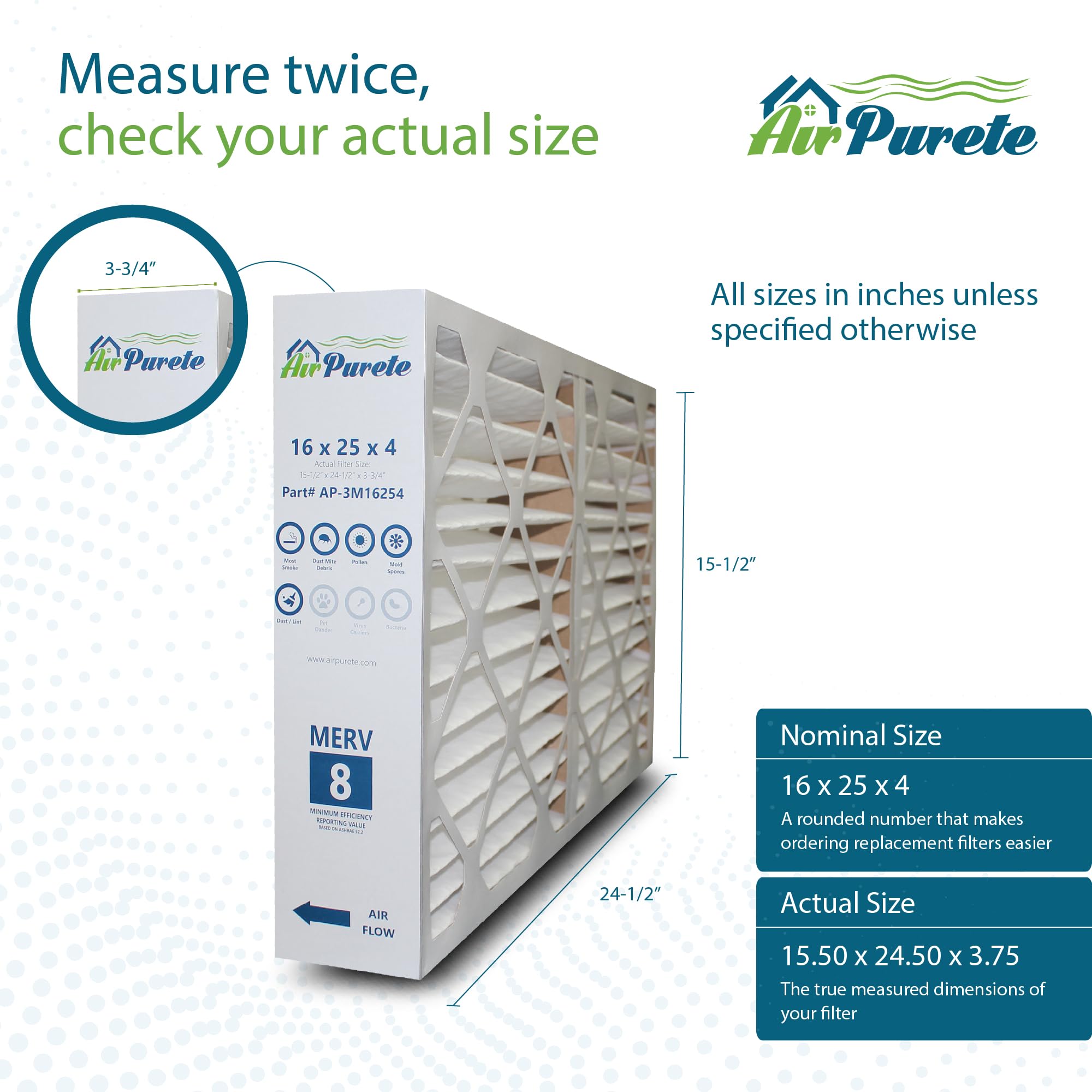AirPurete Furnace Filter 16x25x4 (Actual Size: 15-1/2