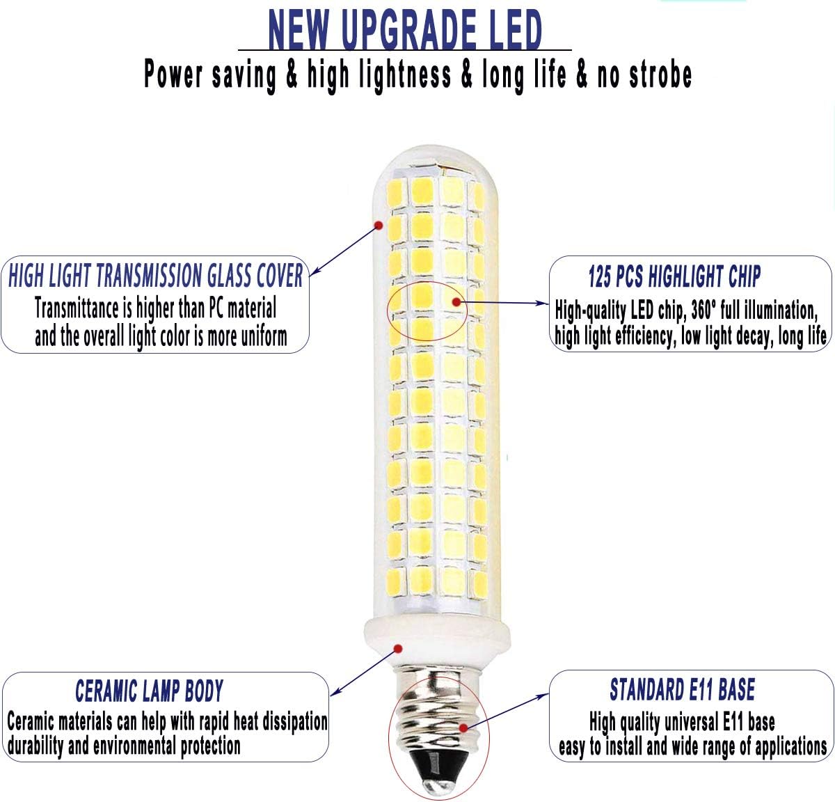 E11 Led Bulbs,100W 120W Halogen Bulb Equivalent,Dimmable,10W,1100LM,JD T4 e11 Mini Candelabra Base,AC110V/130V,E11 Led White 6000k(4 Packs)