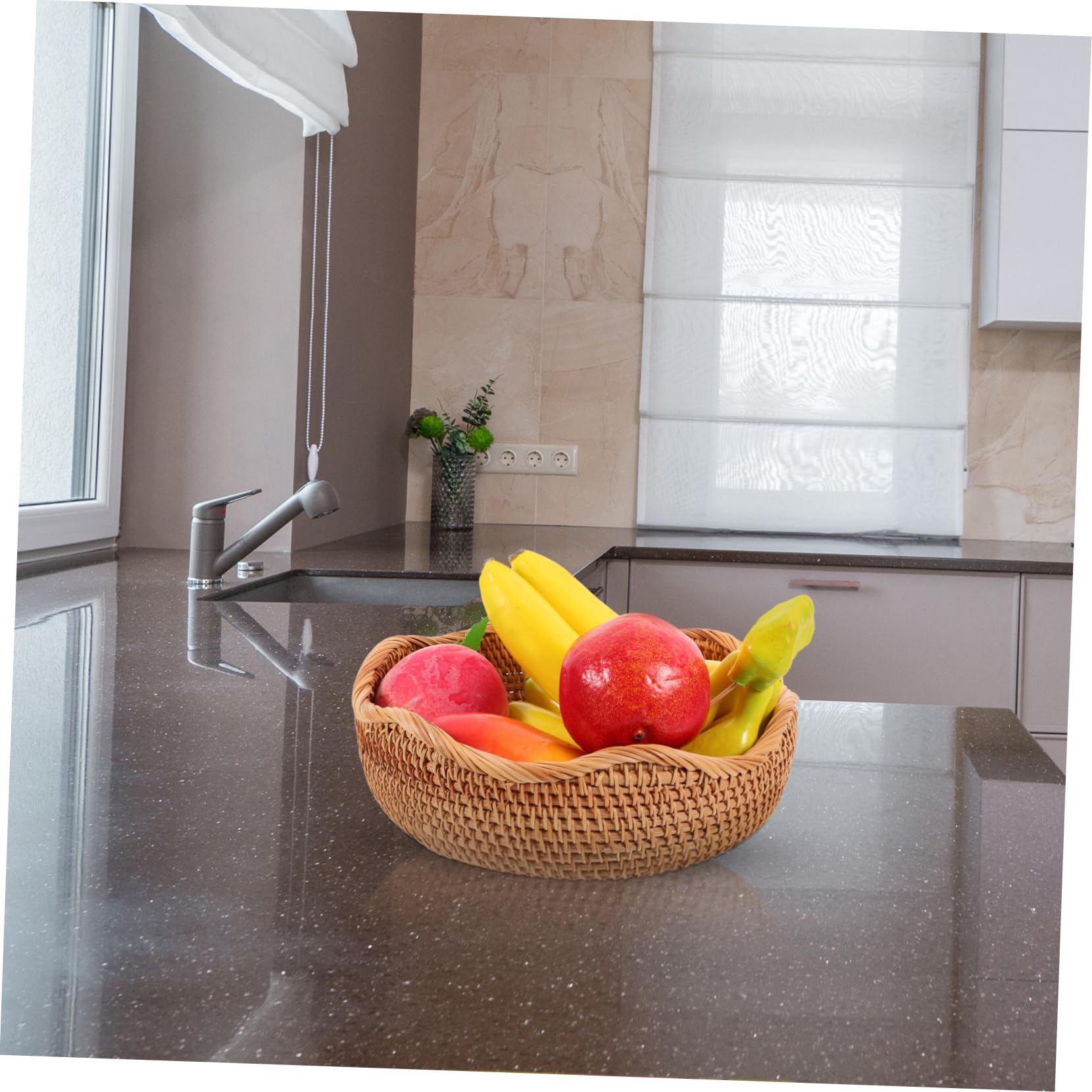 Cesta de Ratán Redonda para Pan y Frutas, Tejida a Mano, Beige, Adecuado para Cocina y Hogar, Organizador Decorativo