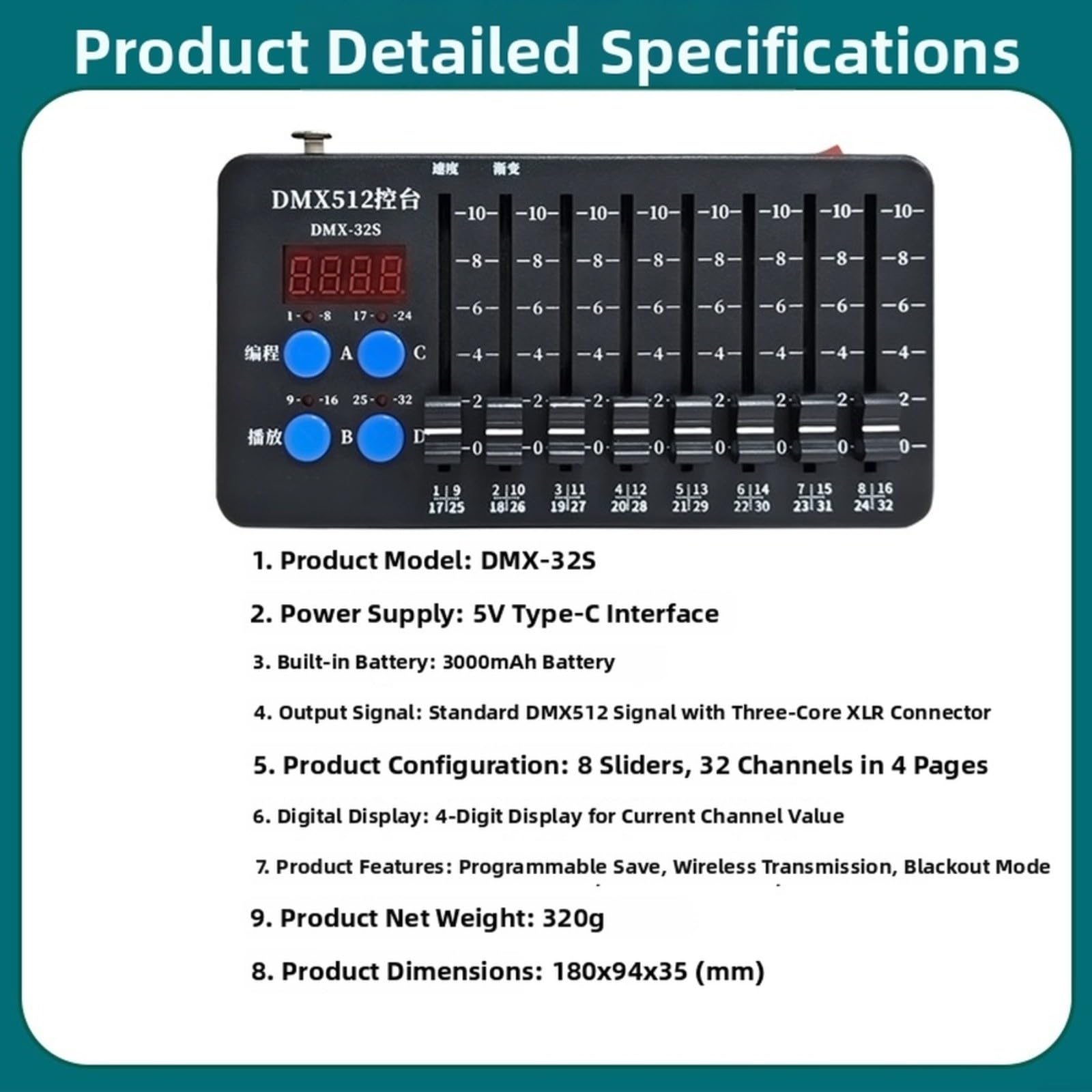 Controller DMX512 a 32 canali con funzione wireless, ricaricabile da 3000 mAh per batteria, controllo della luce programmabile per palcoscenico DJ, 8 fader, display LED, nero, compatto per spettacoli