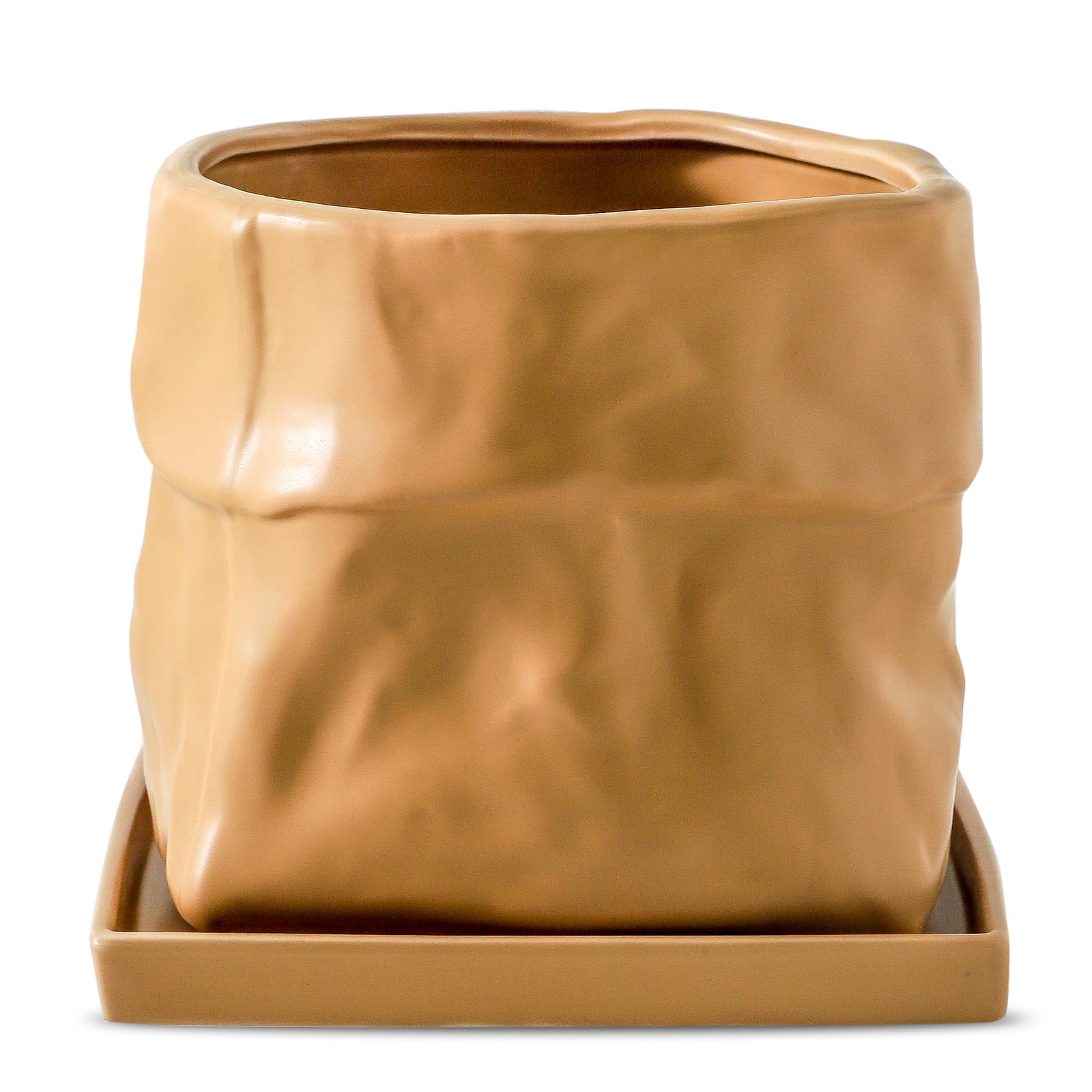Nihow Keramik-Blumentopf: 20,3 cm Übertopf mit Drainageloch & quadratischer Untersetzer für Kräuter/Pflanzen, Taschenform-Design, Blumentopf für Innen- und Außenbereich, Gartendekoration, Terrakota