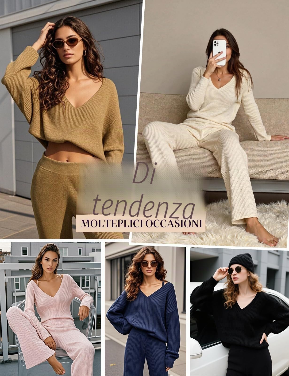CMTOP Tuta Donna Elegante Completo 2 Pezzi Pigiama Invernale Autunno Casa Scollo a V Tailleur in Maglia Maniche Lunghe Pullover Top Elastico Vita Pantaloni a Gamba Larga Set Sportive