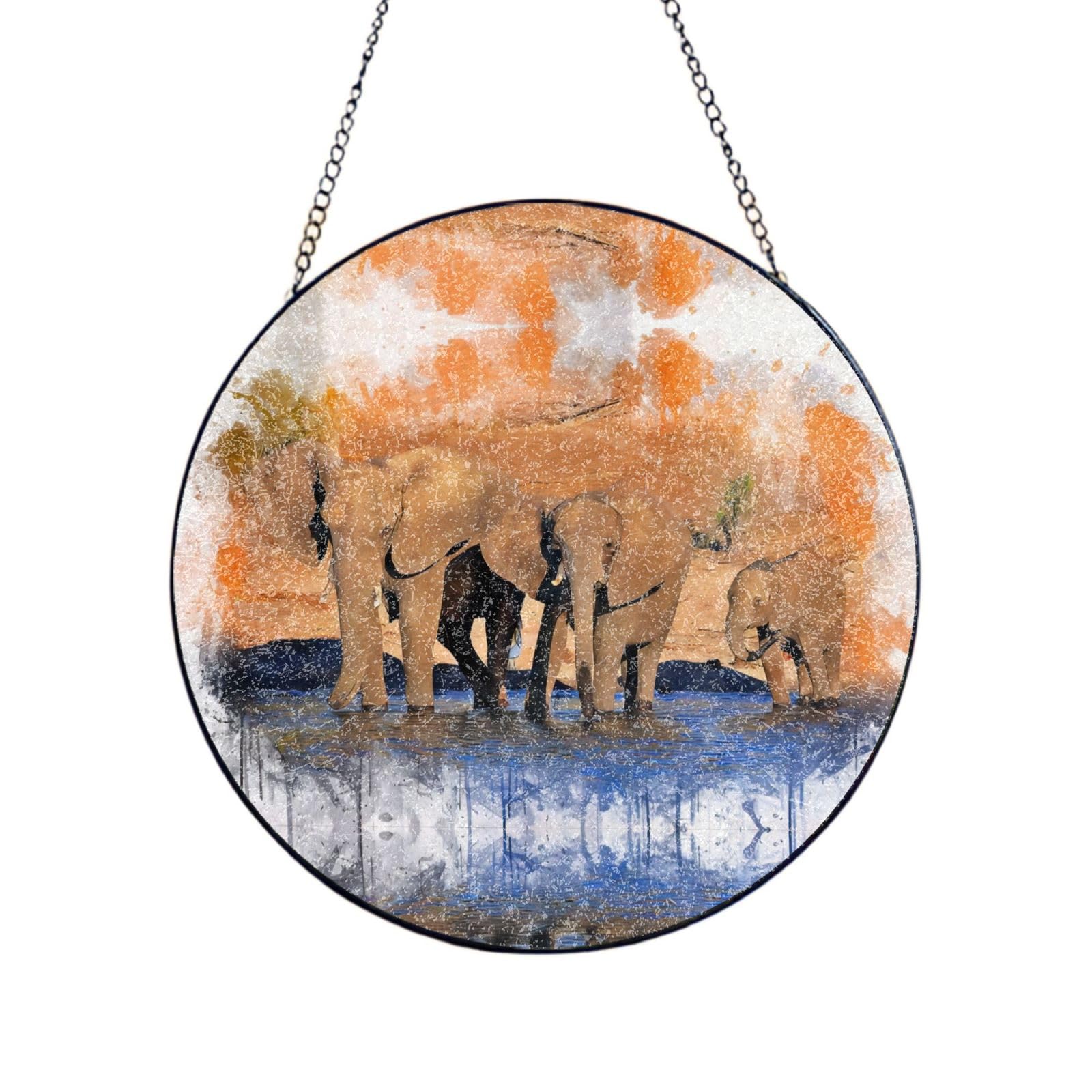 Phayah Elephants Art Print Stained Glass Window Hanging Suncatcher For Door Terrace Garden Home Decor Sun Catcher Birthday Gifts For Lovers Dad Mom 12in（30cm）