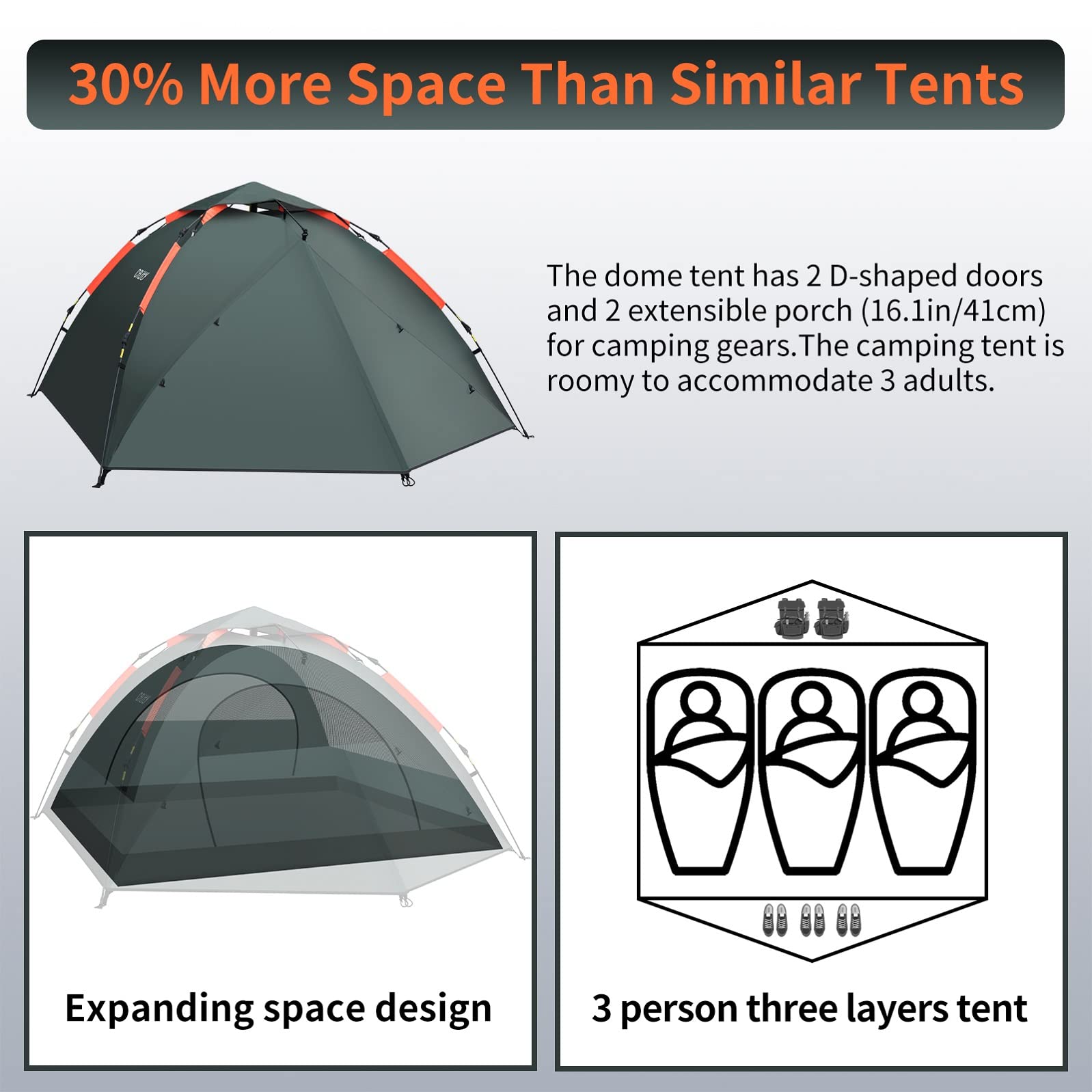 EchoSmile Tente de Camping, 2/3 Personnes Ultra Légère Tente Facile à Installer, 4 Saison Imperméable Ventilée pour Trekking Randonnée Camping