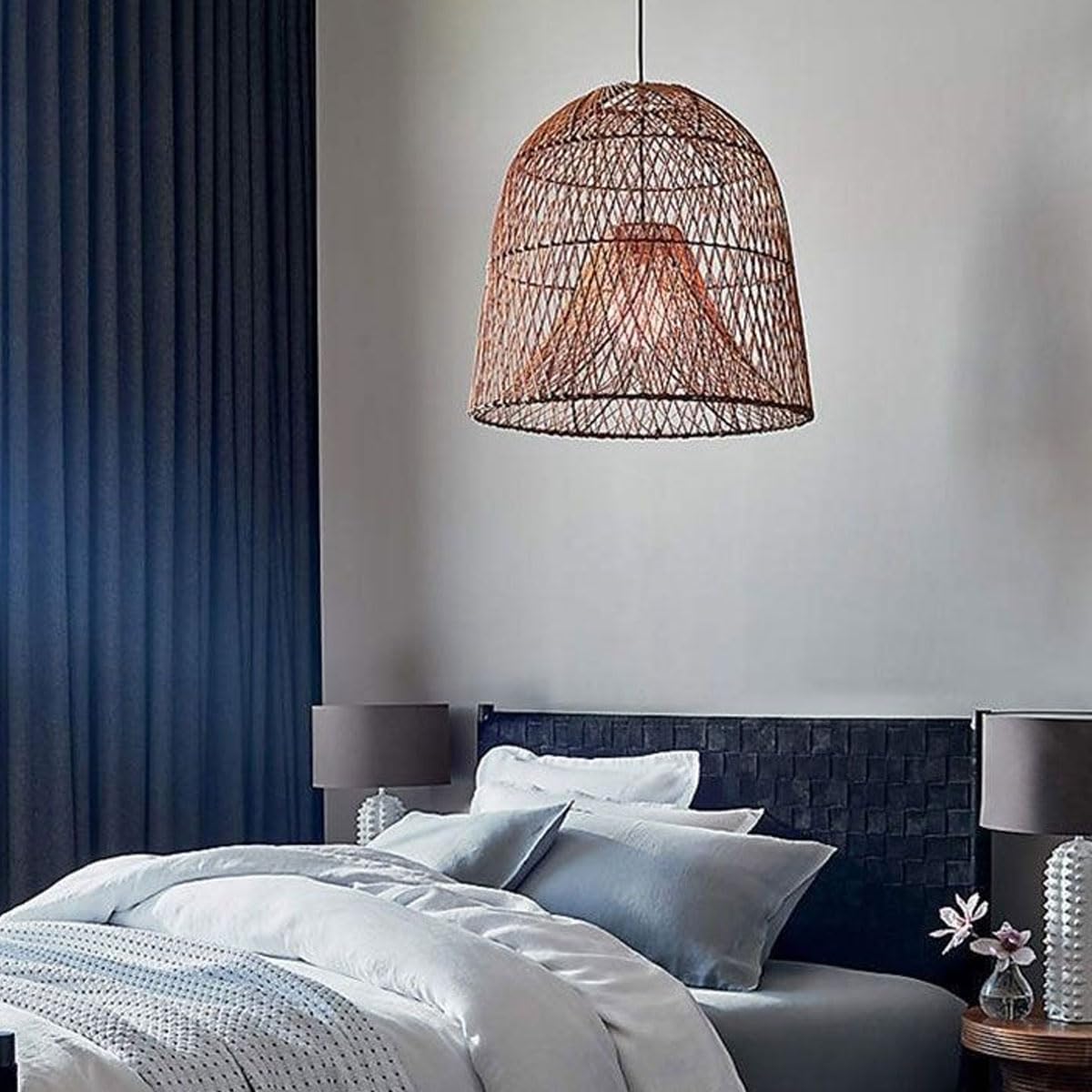 Wisząca lampa do wnętrz w stylu nordyckim z kloszem z rattanu, lampa wisząca z plecionym rattanem, dekoracyjny żyrandol, odpowiedni do sypialni i salonów