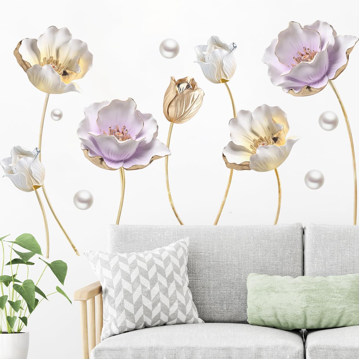 Runtoo 3D Flower Wall Stickers Gold Lotus Floral Wall Art Decals for Living Room Bedroom TV Background Wall Decor - Image 3