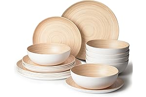 18PCS Bamboo Swirl Melamine Dinnerware Sets for 6, Plates and Bowls Sets