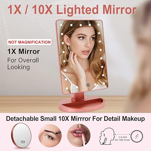 Vista 2 de Espejo de maquillaje iluminado con 21 luces LED, con pantalla táctil atenuante y 10 aumentos de claridad, extraíble, con doble fuente de Oro rosa