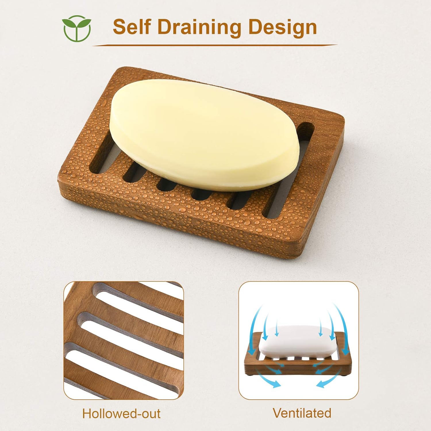 SUBEKYU 【Teak】 Wood Bathroom Soap Dish for Bar Soap, Draining Wooden Soap Holder for Shower, Soap Saver and Tray, Set of 2 : Home & Kitchen