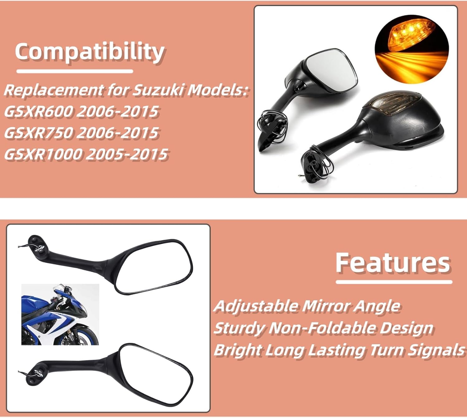 labwork Black Mirrors Smoke Turn Signals Replacement for Suzuki GSXR600 GSXR750 2006-2015, GSXR1000 2005-2015