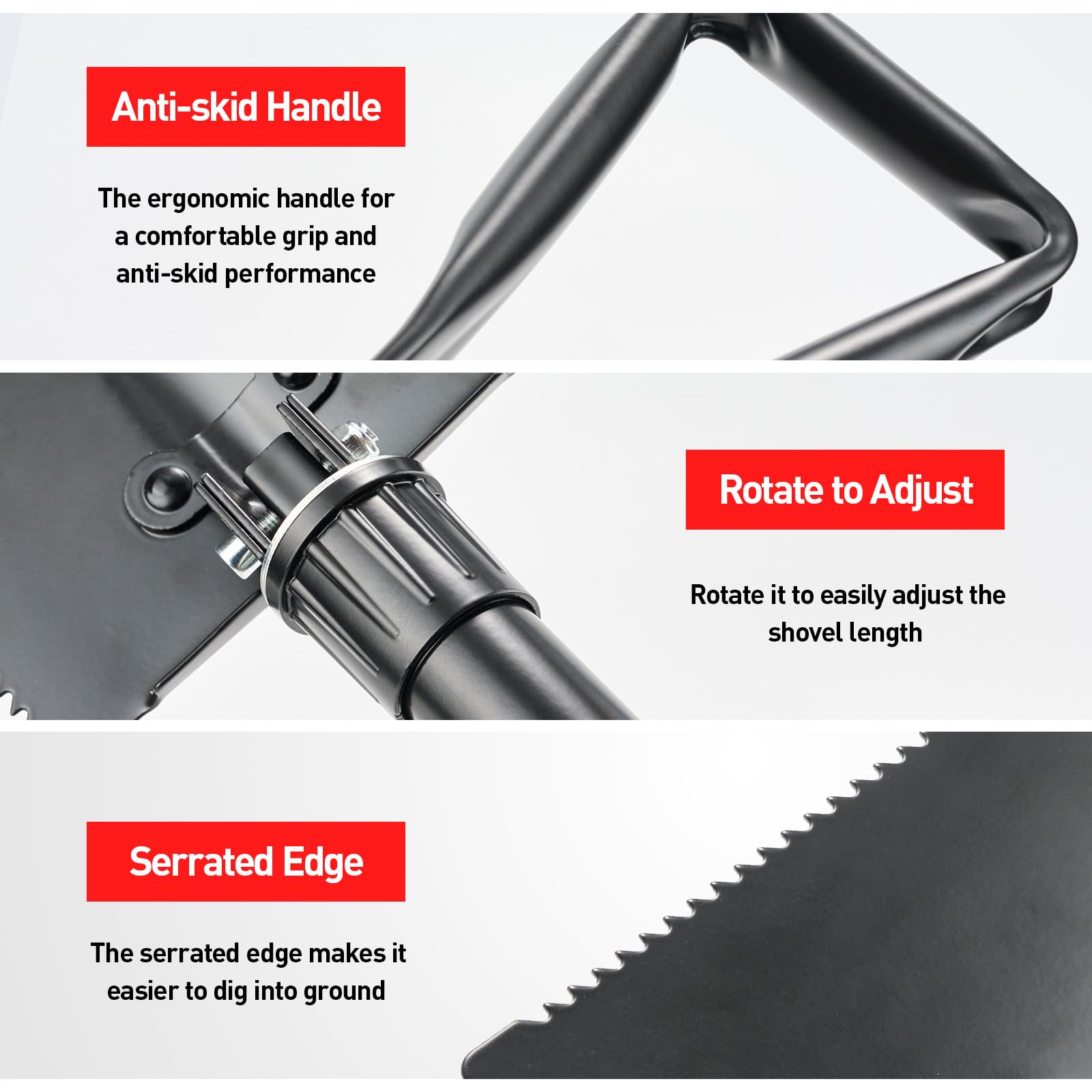 Camping Folding Shovel 23 IN, 58 CM, Multi Function Foldable Spade Trowel, Comes a Compass, black - Image 4