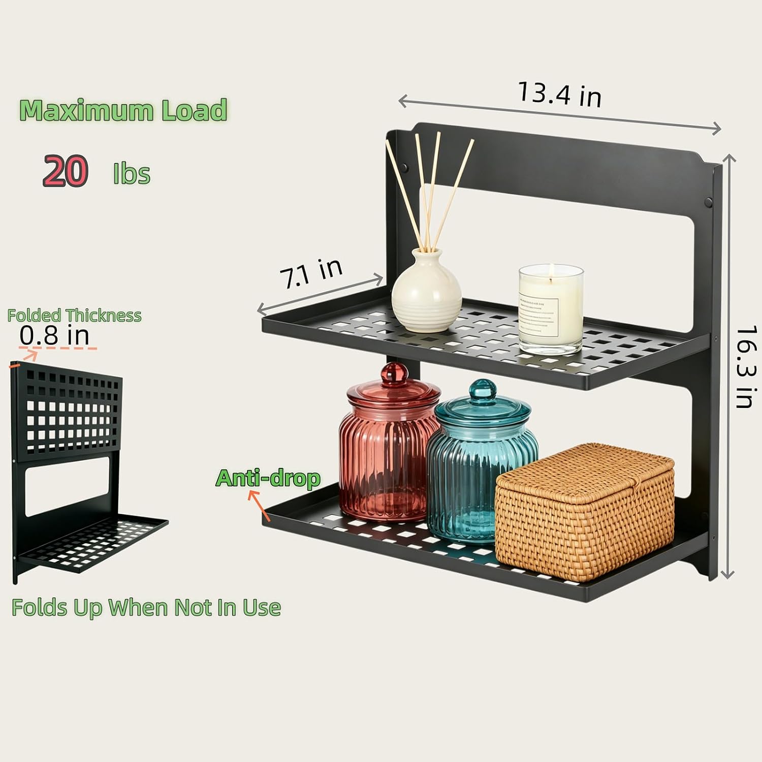 2-Tier Folding Wall Shelf, Small Metal Floating Shelves, Stackable Combined Foldable Storage Rack, Rustproof Hanging Shelf for Bathroom, Laundry Room, Kitchen, RV and Home Wall Decor