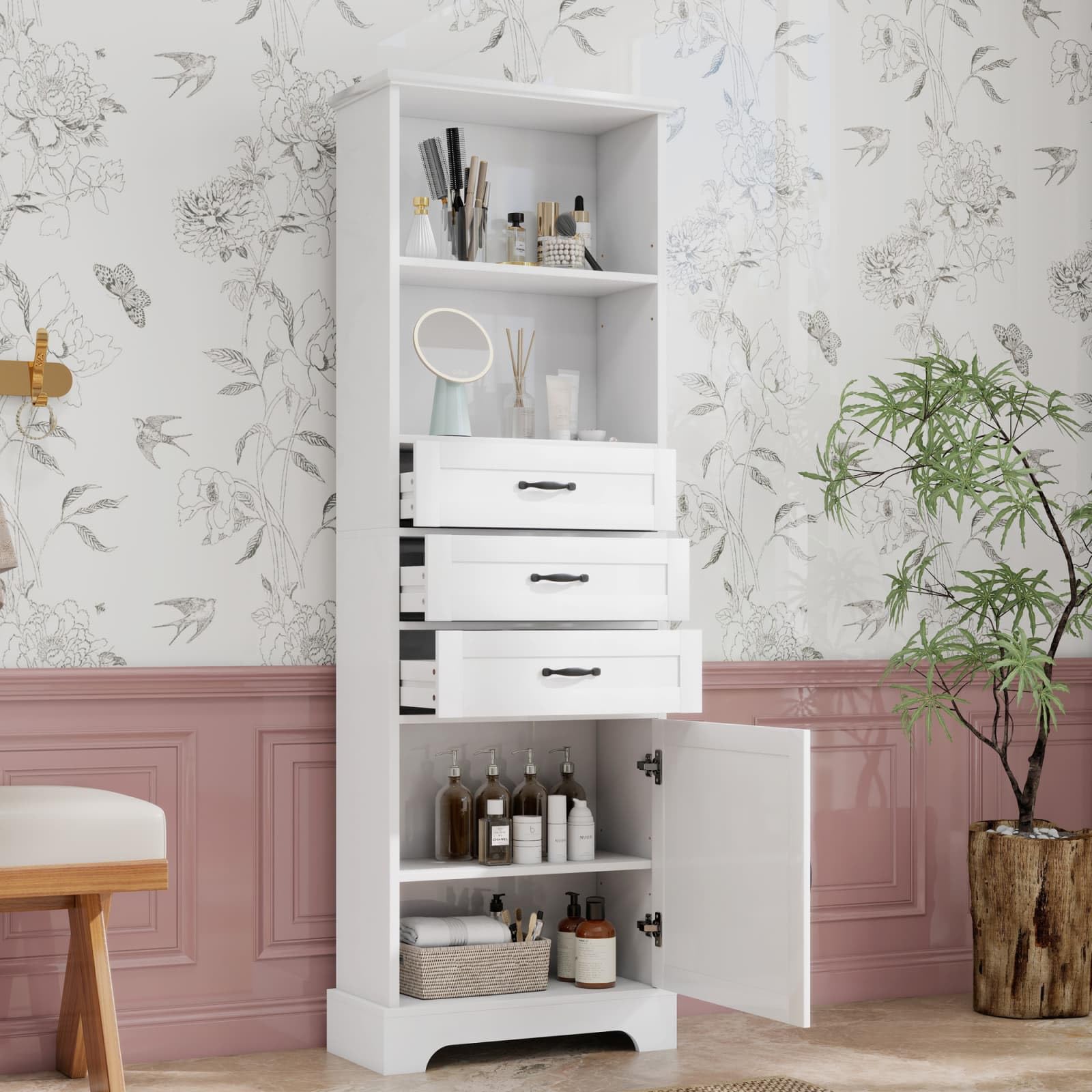 KOMHTOM Meuble d'angle Salle Bain 57.7x46x167.5cm Armoire Rangement 3 Tiroirs 1 Porte Étagères Ouvertes Gain Place Maison MDF Blanc(Blanc - 57.7x46x167.5 cm (Modèle d'angle))