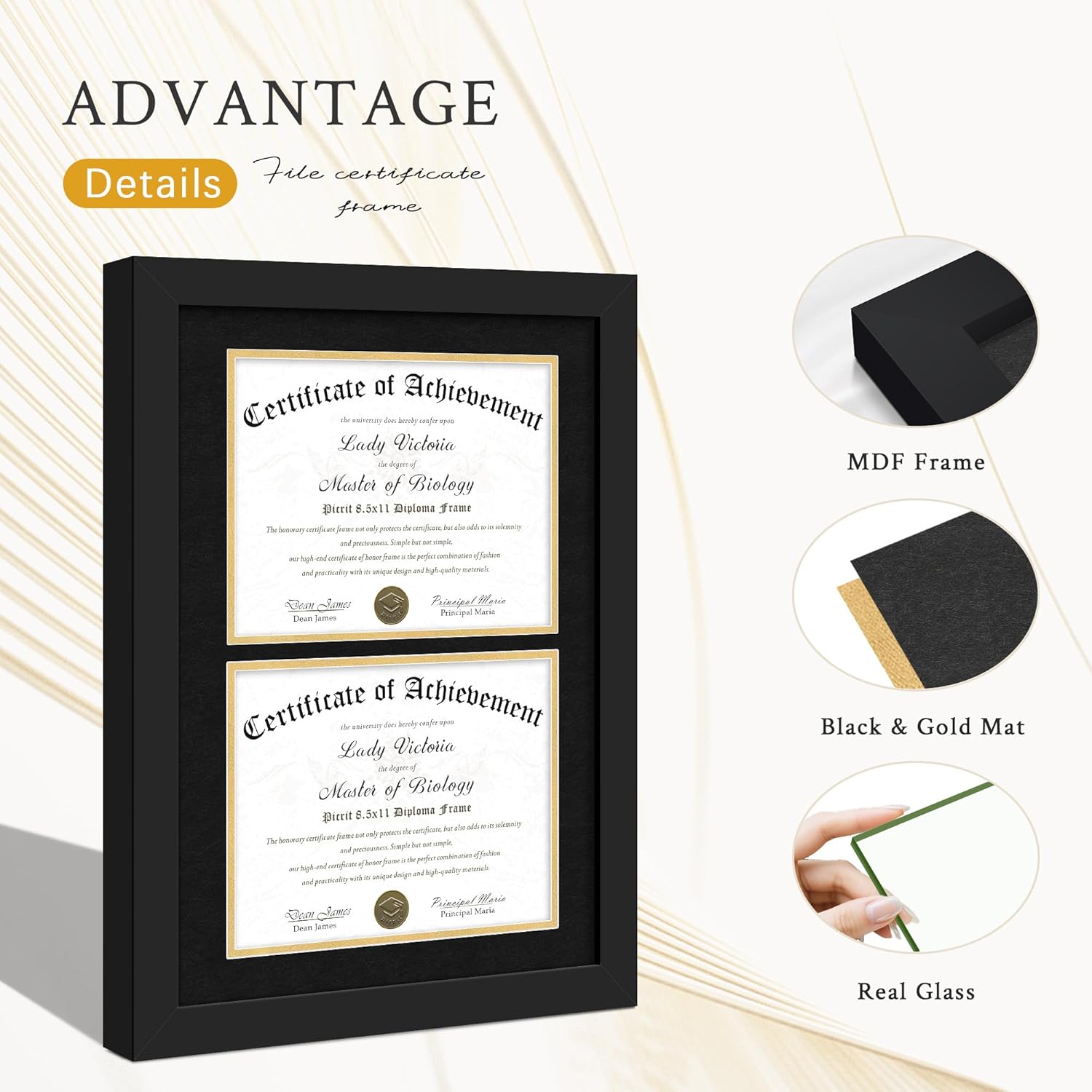 Picrit Double 8.5x11 Black Wood Diploma/Document Frame with Tempered Glass & Black over Gold Mat, and Display 14x20 Degree Certificate Frame without Mat for Wall, 1 pack