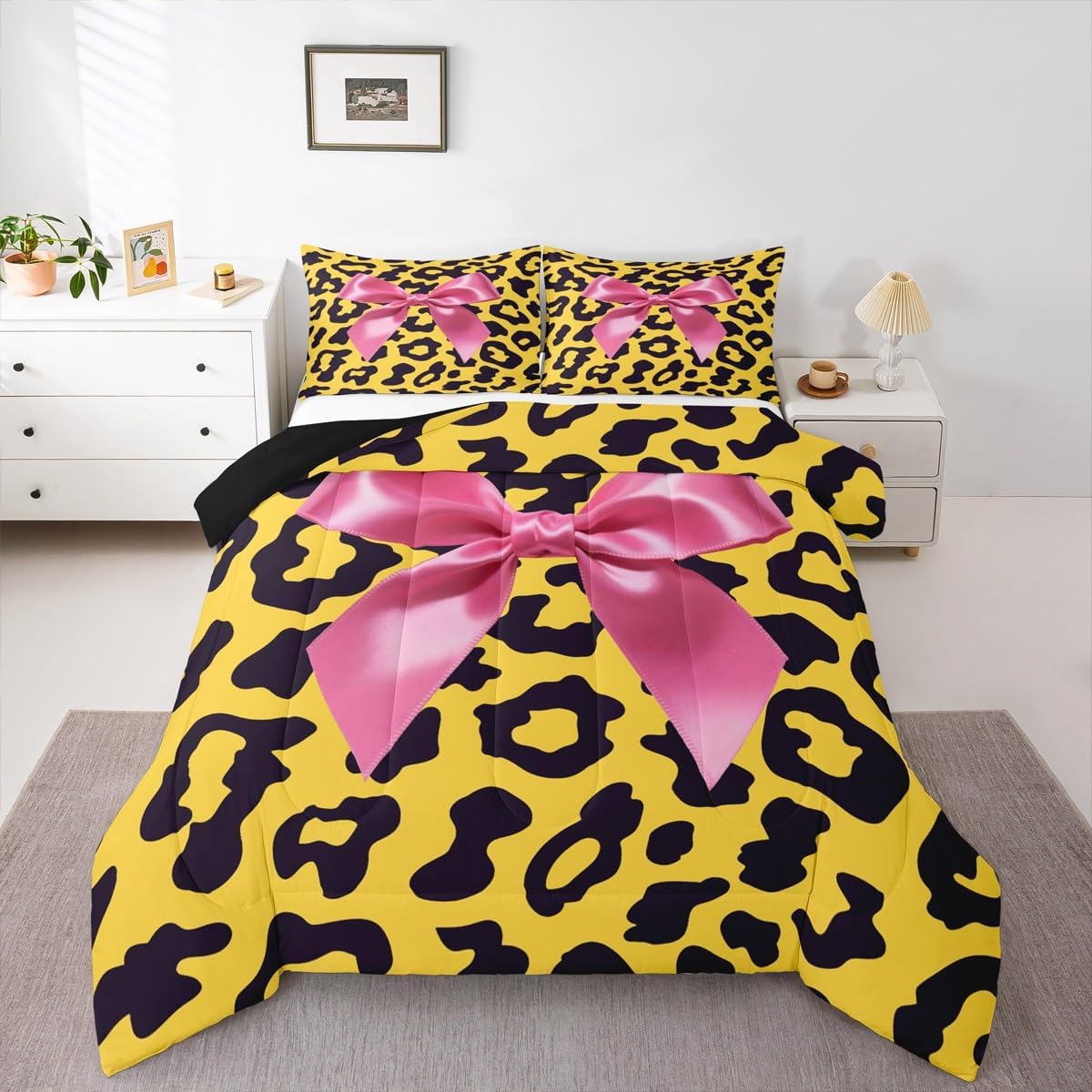 Erosebridal Pink Coquette Bow Toddler Bedding Set,Leopard Print Bows Comforter Sets for Girls Kids,Pink Ribbon Bow Tie Bed Set,Princess Bowknot Girly Bedroom Decor,1 Pillowcase Breathable