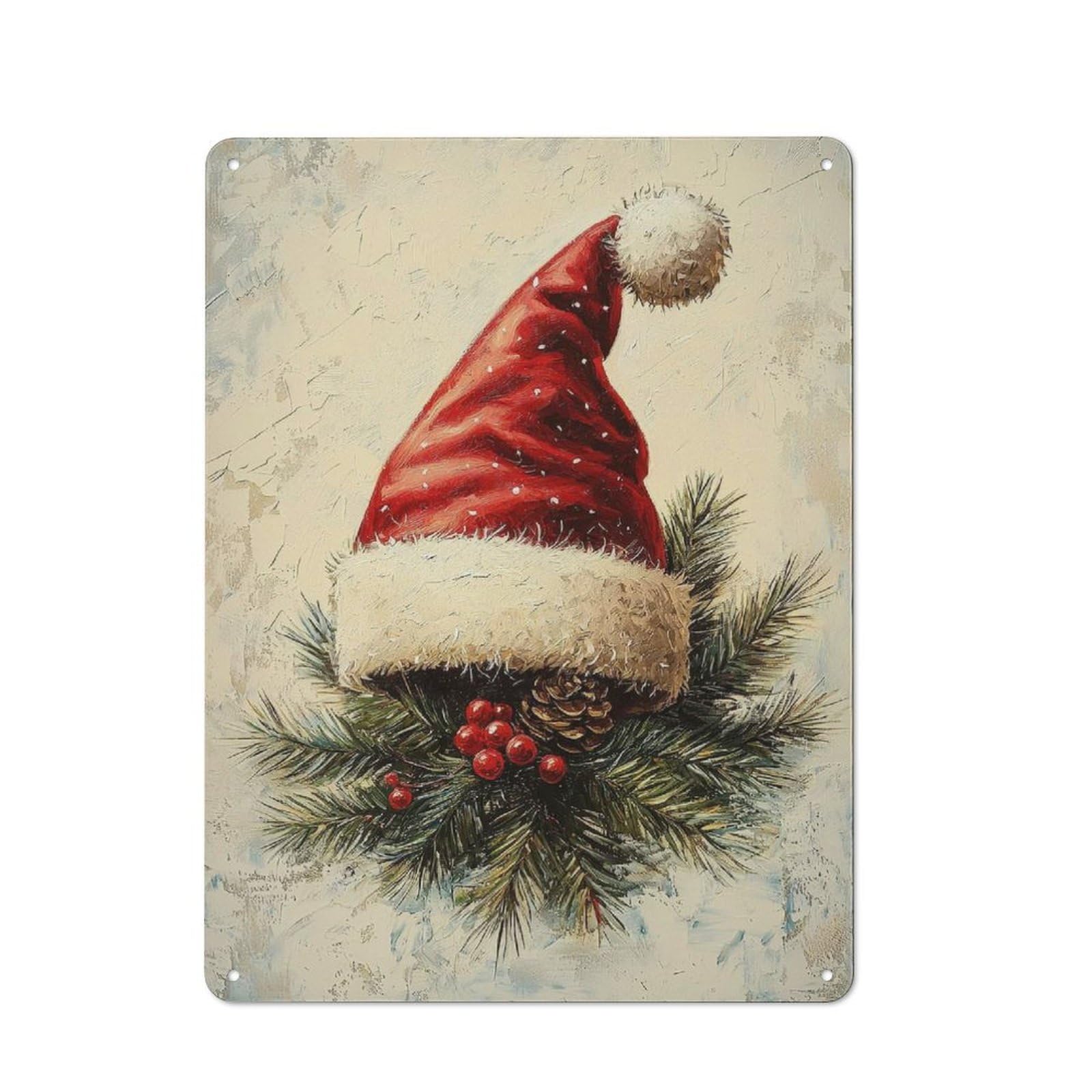 Junmoney Santa Hat On Pine Branch Tin Sign 40X30cm With For Bar Or Restaurant, Retro Decor, For Garage, Workshop And Man Cave Decoration