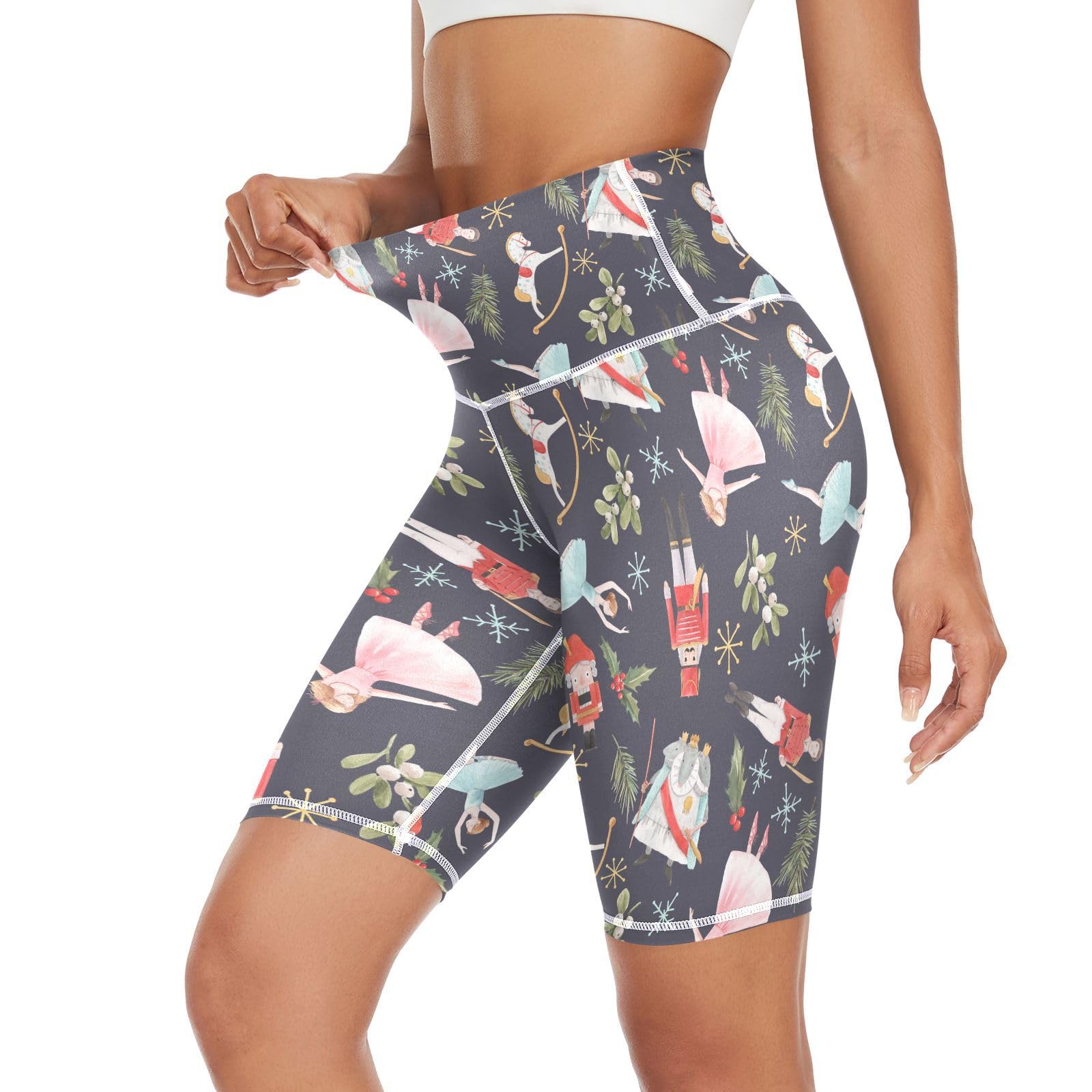 Aflyko Christmas Women Yoga Shorts Nutcrackers Soldier Ballet Holly Leaves 8