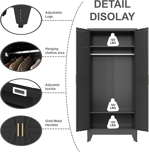 Miniatura 4 de Armario de metal Guardarropa Closet con Barra para Colgar, 71'' Gabinete Guardarropa de Metal con 2 Puertas y 2 Estantes Ajustables, Armarios de