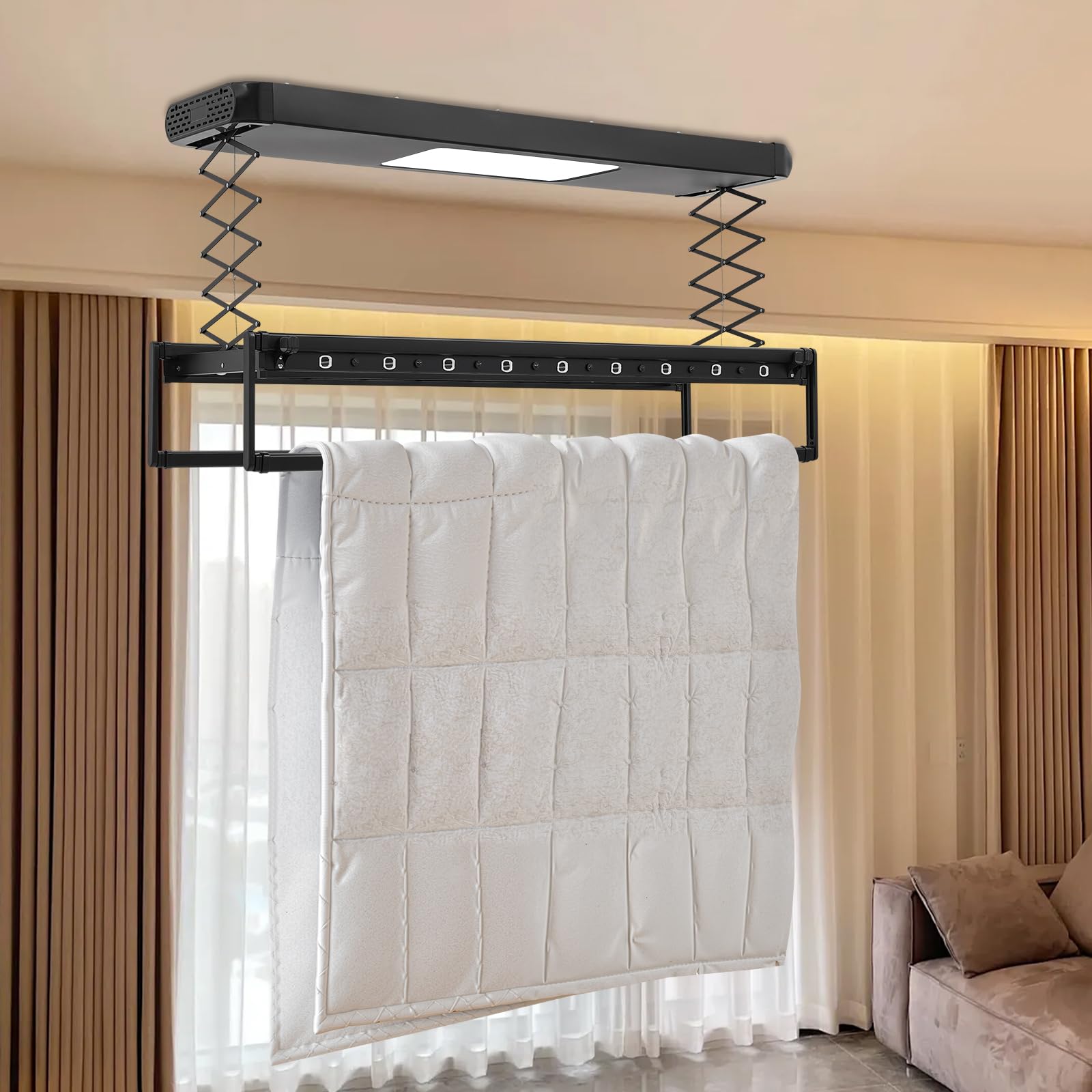 Stendibiancheria elettrica, supporto verticale da soffitto con illuminazione e telecomando, per parete e soffitto, pieghevole, salvaspazio, in alluminio e acciaio nero