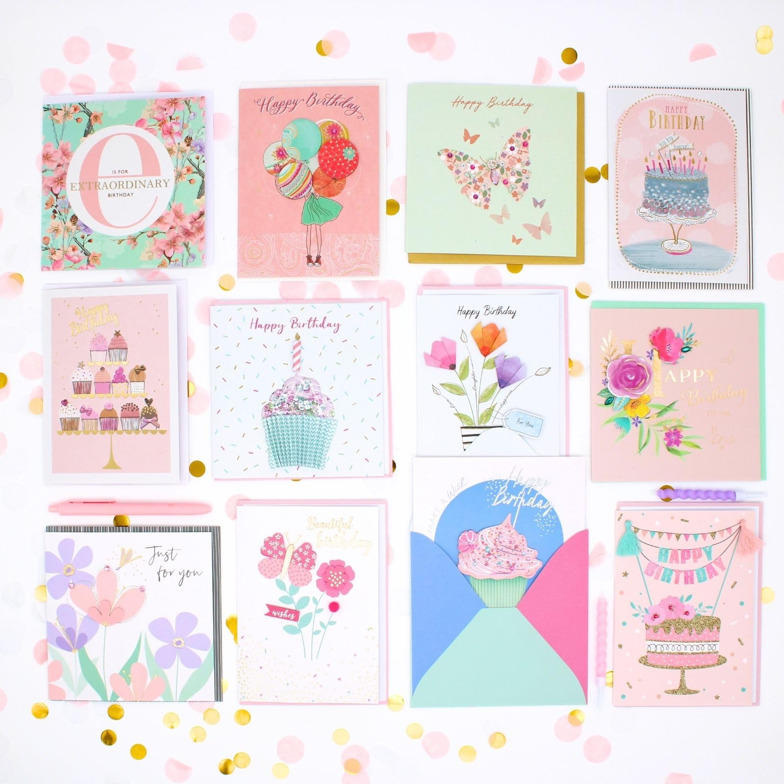 Love Kates Card'N'Mix Birthday Card Multipack Perfectly Pretty Variety 12 Card Assortment Birthday Cards For Women, Pastel Colour, Mystery Pack For Her, Hand-Finished Selection, With Envelopes