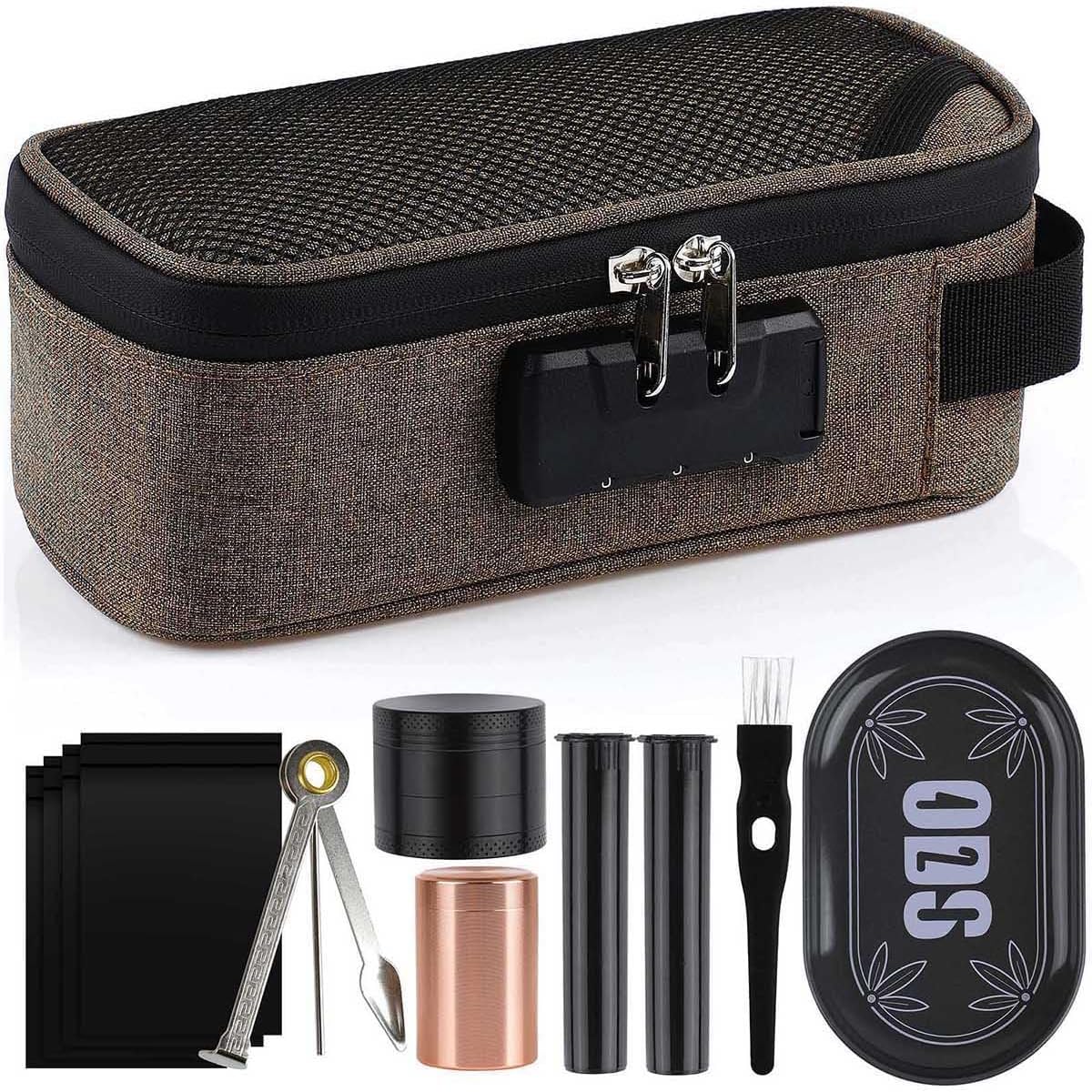 Large smell Storage Organization Bag with 7 Accessories, Waterproof Portable Travel Case with Combination Lock for Sensitive Personal Items, Cosmetics, Medical Supplies. Coffee