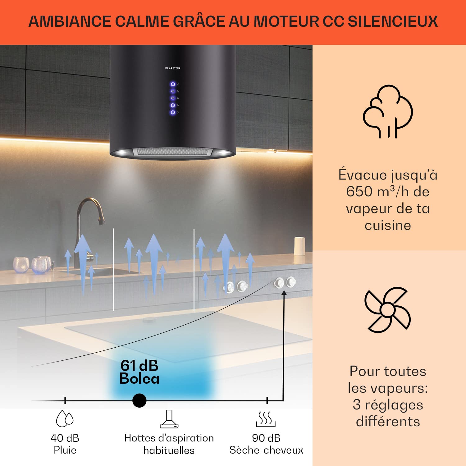 Klarstein Hotte Aspirante Ilot Central de Cuisine Silencieuse et Design, Débit d'air 519m³/h, Minuteur, 3 Modes, Hotte Aspirante avec Conduit d'Evacuation, Filtres à Charbon Actif, Ilot Central