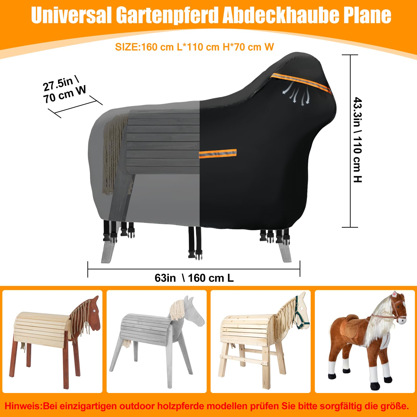 Cubierta para caballo de madera impermeable al aire libre, 420D Oxford caballo de madera para exteriores, lona protectora resistente a los rayos UV, universal, lona de jardín con rayas impermeables y