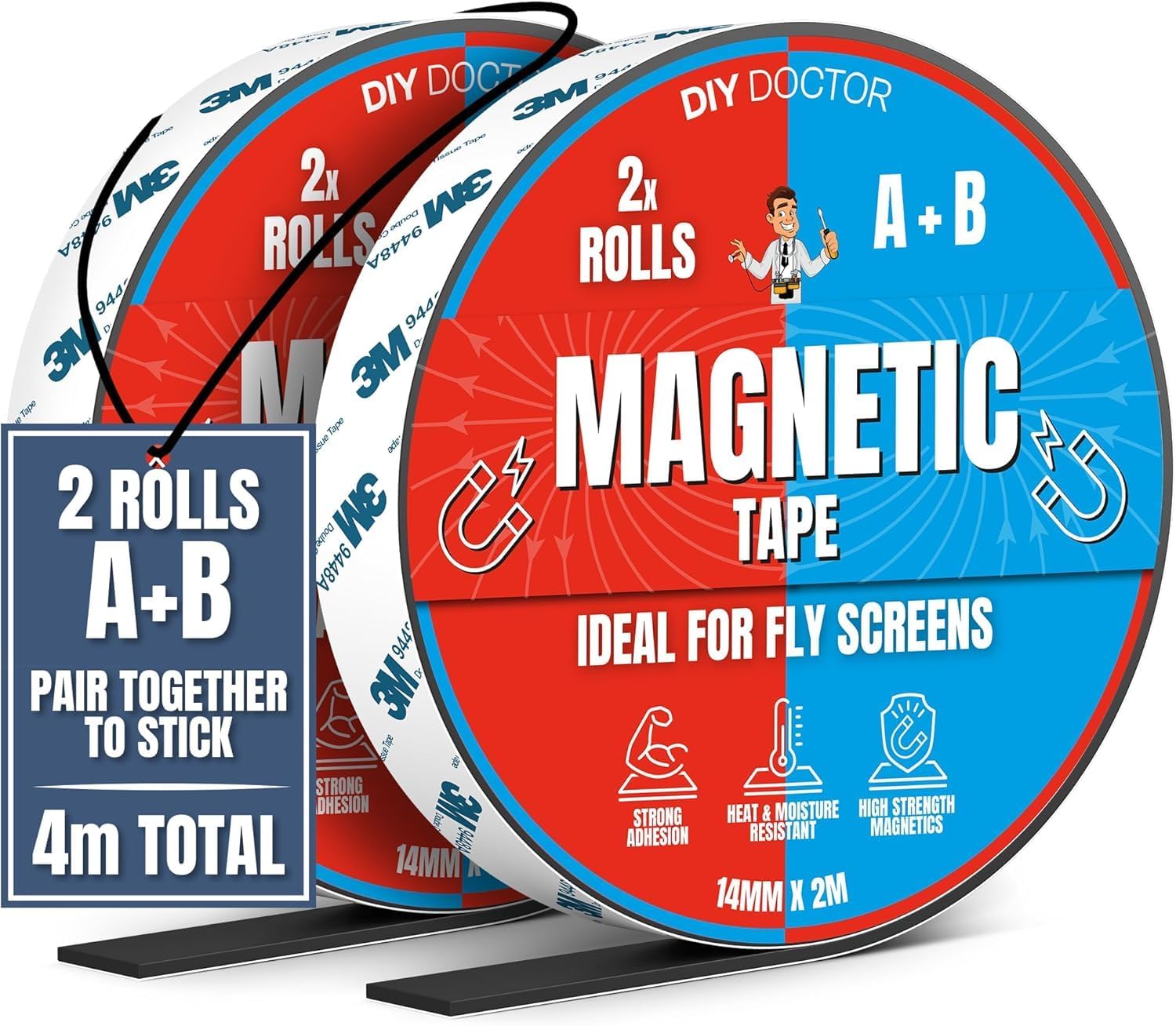 DIY Doctor A+B Magnetic Tape - Magnetic Strips Self Adhesive - 1 Pack - 2m + 2m A and B Polarity - Cut To Fit Magnetic Strip - Self Adhesive Magnets - Magnet Strips