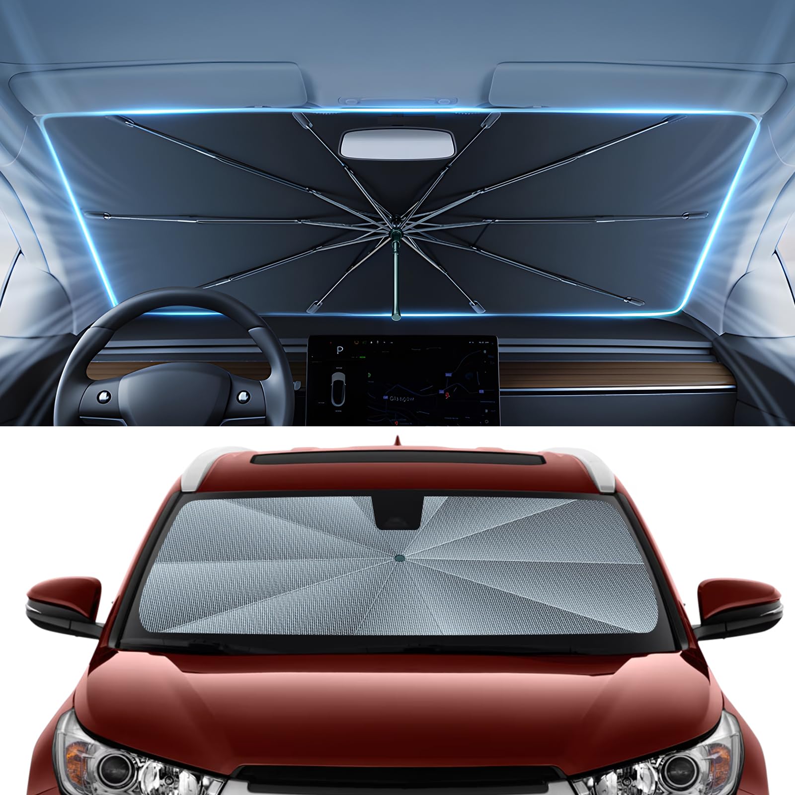 Autorder Umbrella Windshield Sun Shade for 2014-2019 Toyota Highlander Sunshade Accessories,Upgraded Ice Crystal Material, Windshield Umbrella Front Window Shade, Foldable Block UV Rays Keep Car Cool