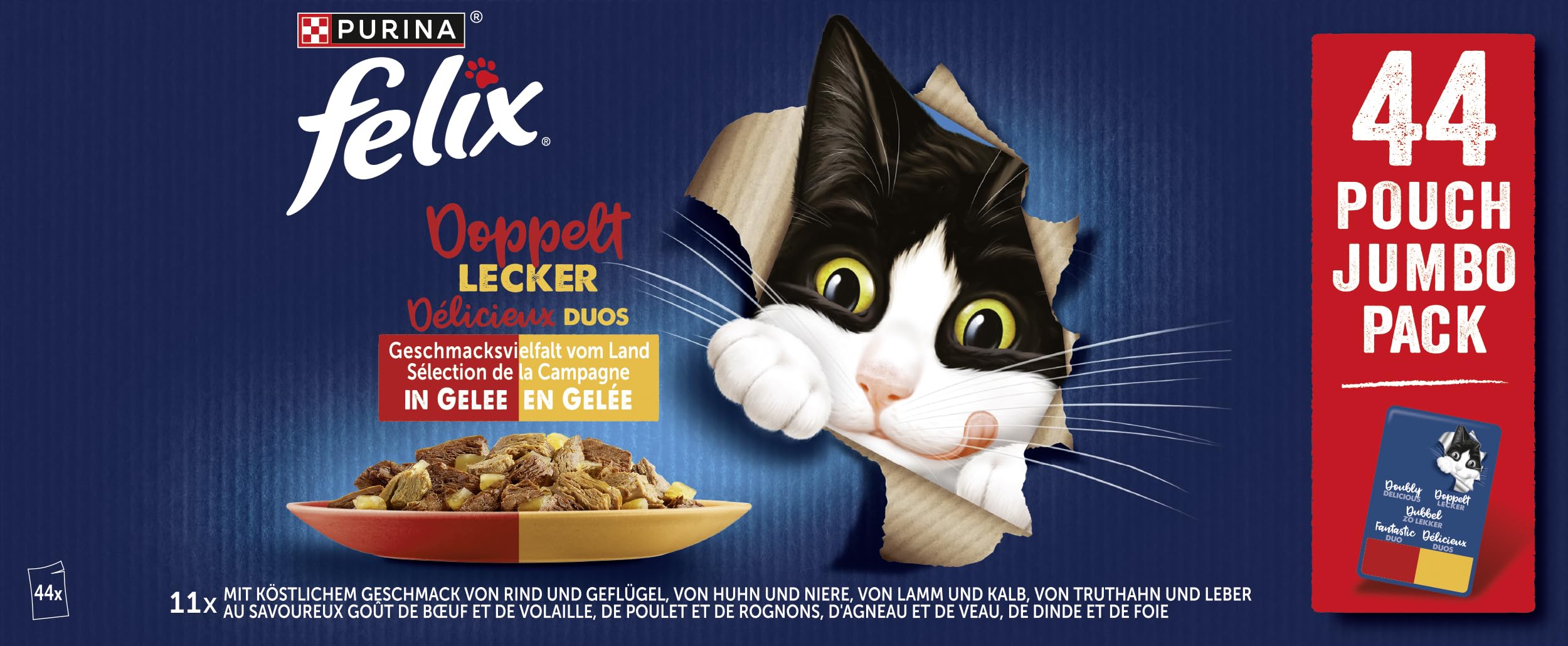 Felix Aussi Bon qu'il en a l'air Double Délicieux, Nourriture pour Chat Humide en gelée, variété de goûts Pays, Lot de 44 (44 x 85 g)