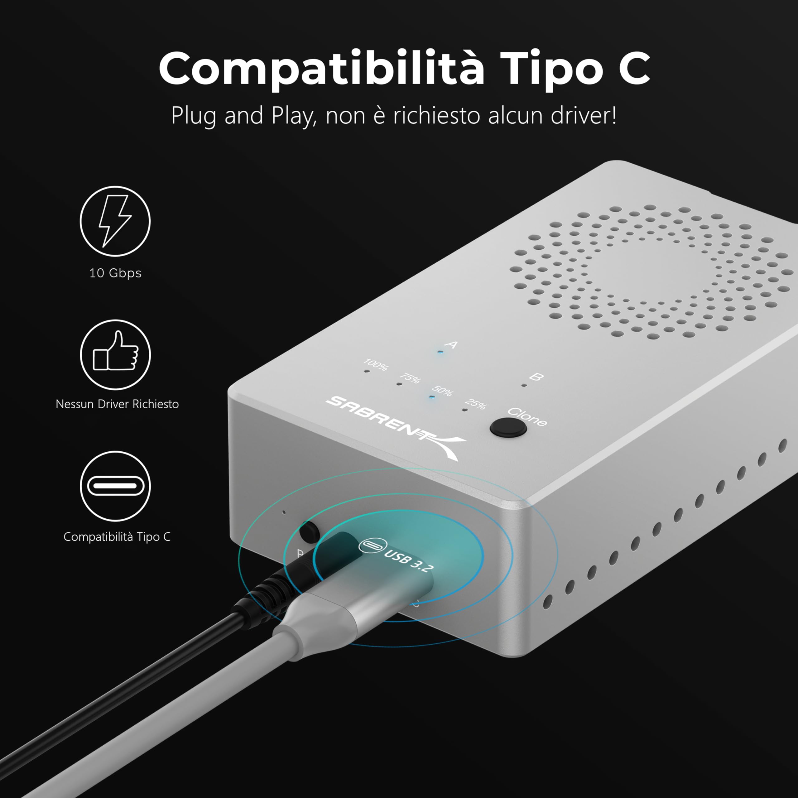 SABRENT Docking Station SSD M.2 NVMe PCIe a USB C e USB 3.0, 2 slot per SSD, con alimentatore, per SSD SATA con misure 2230/2242/2260/2280, con funzione Duplicatore/Clonatore offline (EC-SSD2)