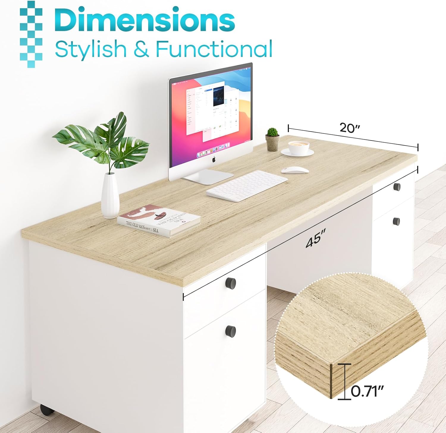 Kaboon Universal Tabletop 45"x20", Solid One-Piece Melamine Table Top, L-Desk Floating Desk DIY, Home and Office, Oak/Grey Tone