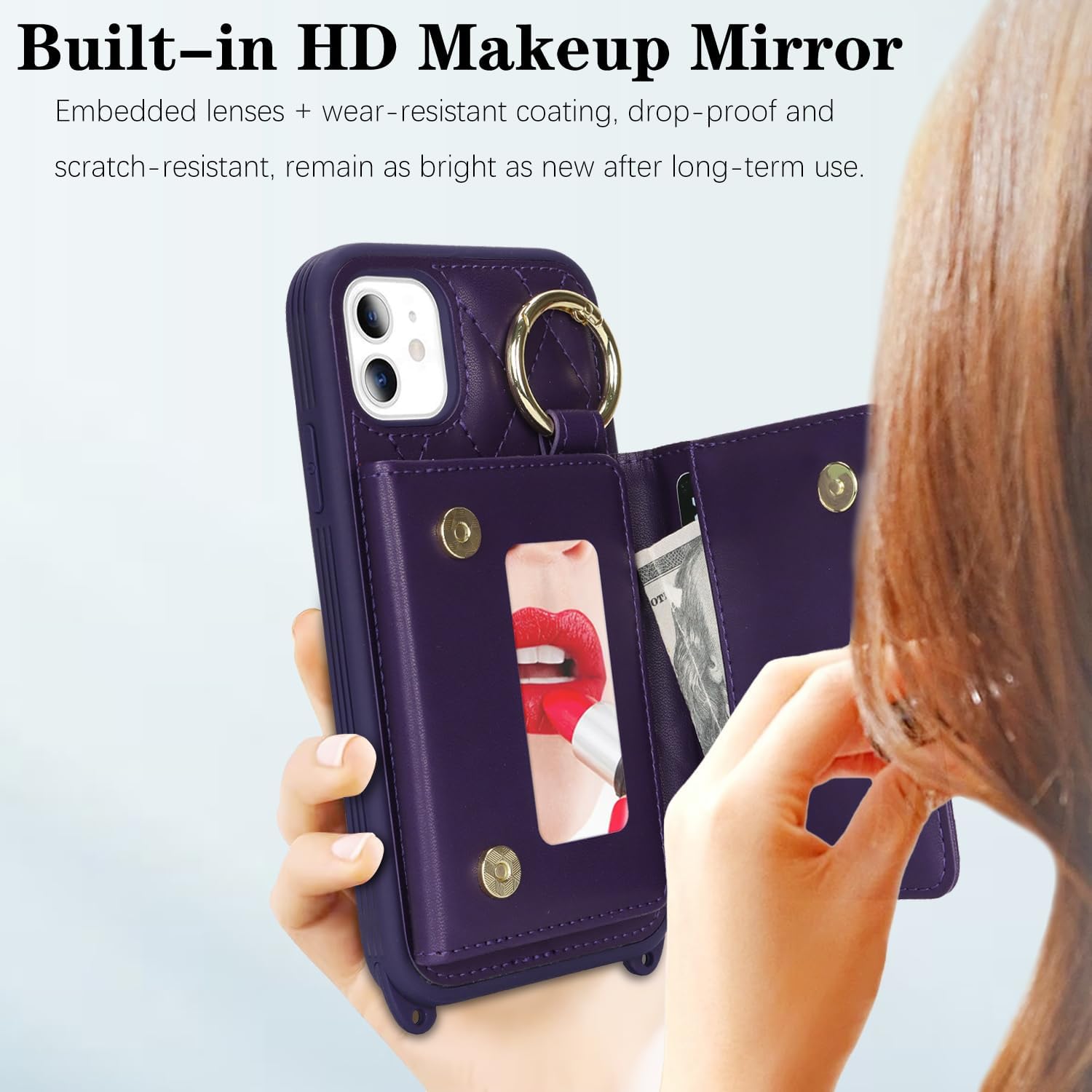 for iPhone 11 Case with Card Holder and Strap for Women,Crossbody Lanyard, Make Up Mirror,Ring Stand,Snap Clasp,Cute Phone Wallet Cases 6.1 inch - Deep Purple
