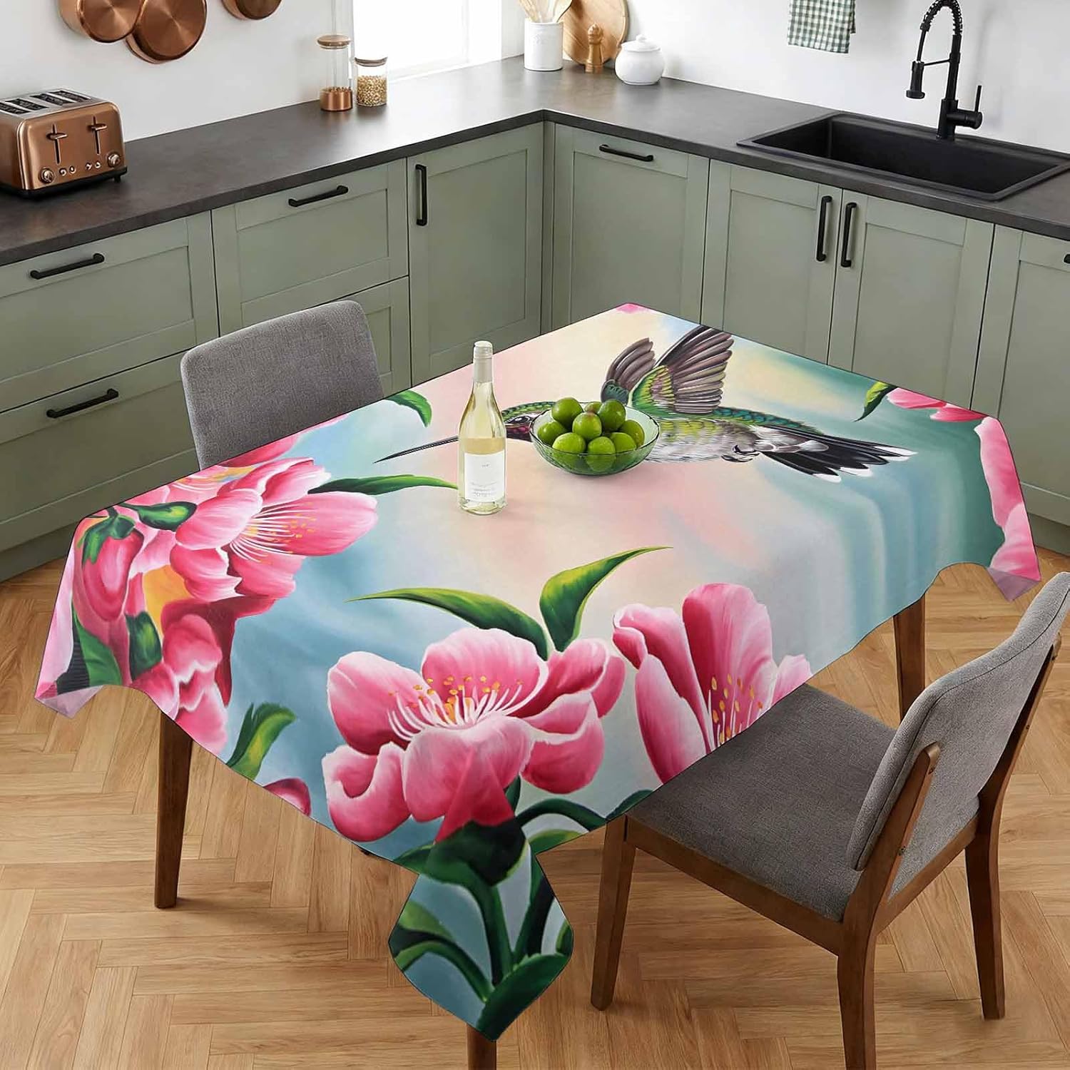 Rectangle Tablecloth,Hummingbird Flower Peach Blossom Waterproof Oil-Proof Table Cloth Kitchen Dining Tables Cover for Indoor Outdoor Wedding Holiday Party Decor,Nature Oil Painting Art
