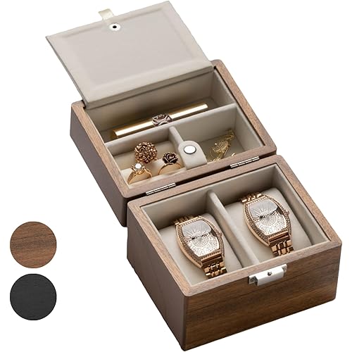 Watch Box, Watch Travel Case for Men, Wood Watch and Jewelry Holder Organizer for Woman, Portable Protection 2-Slot Watch Display Storage Case, Natural Walnut