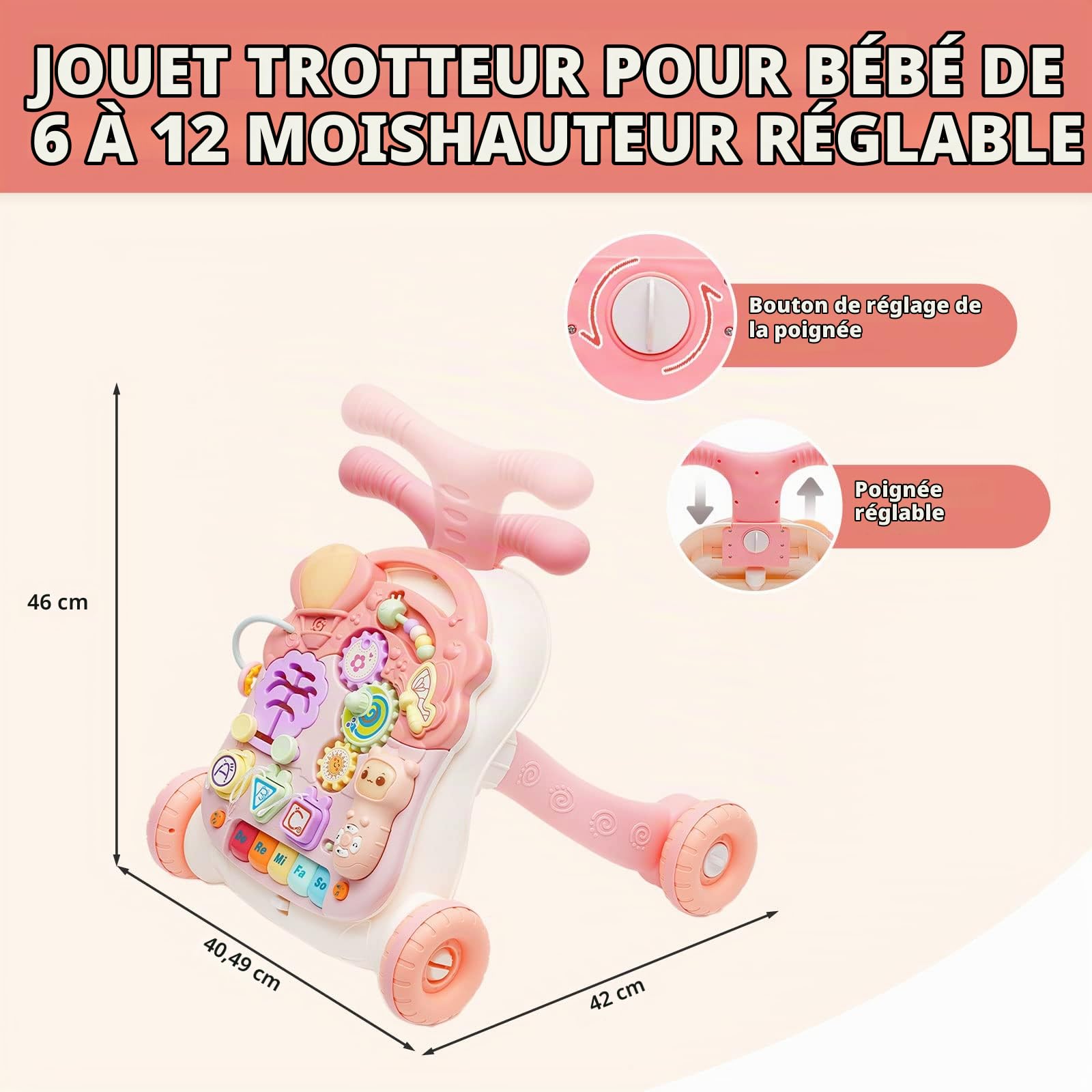 Trotteur Pour Bébé, Trotteur 2 en 1 Assis-debout, Trotteur avec Jouets Montessori et Tableau d'Éveil Détachable, Baby Walker avec Pneus en Caoutchouc, Trotteur pour Bébé à Partir de 6 Mois