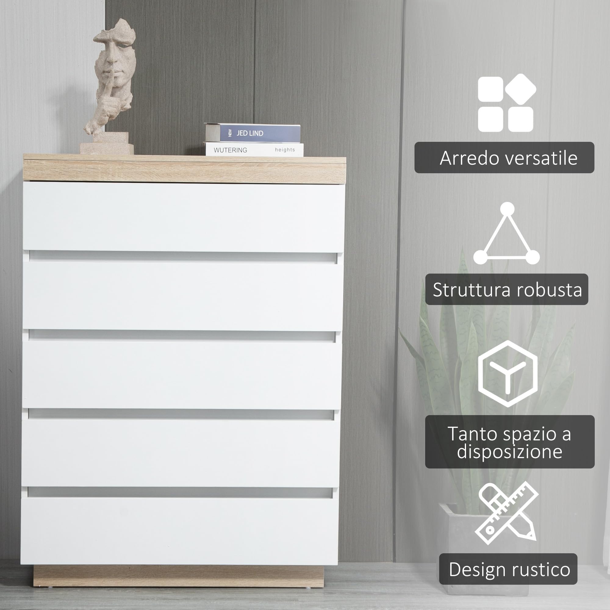 HOMCOM Cassettiera 5 Cassetti in Legno, Cassettiera Camera da Letto con Dispositivo Antiribaltamento, 80x40x109 cm, Bianco e Rovere