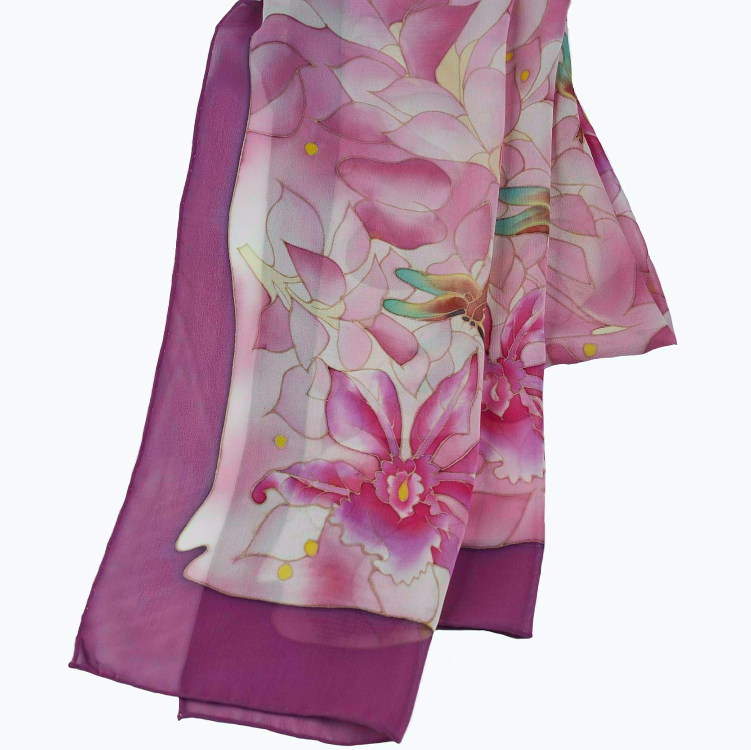 Hand Paint Pure Silk Scarf, 58" L x 13" W, Dragonfly, Multiple Purple