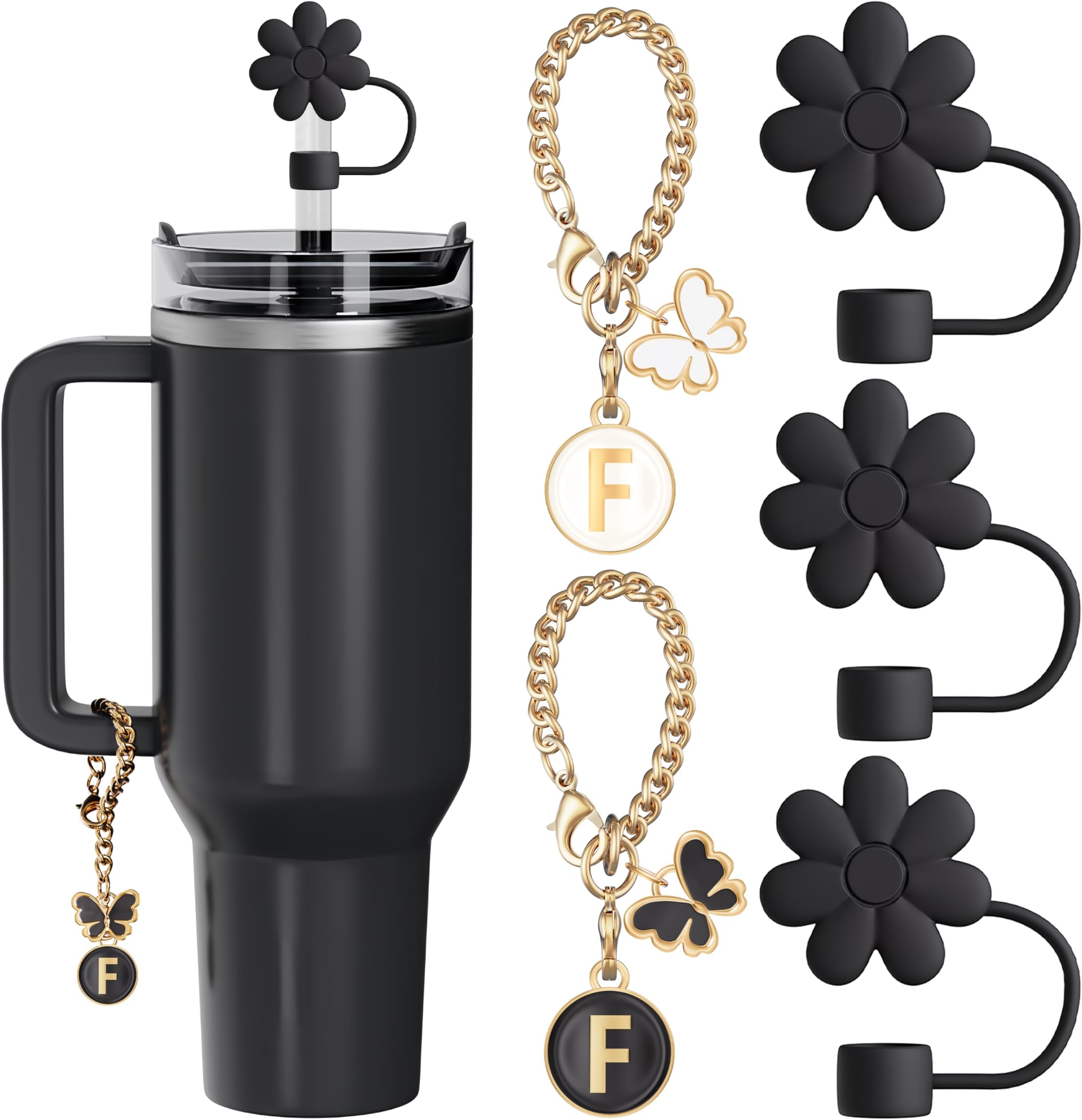 Compatible with Stanley Cup Accessories, 3PCS Black Straw Toppers for Stanley Cup Straw Cover Cap, 2PCS Cute Letter for 30&40 Oz Tumbler with Handle(F)