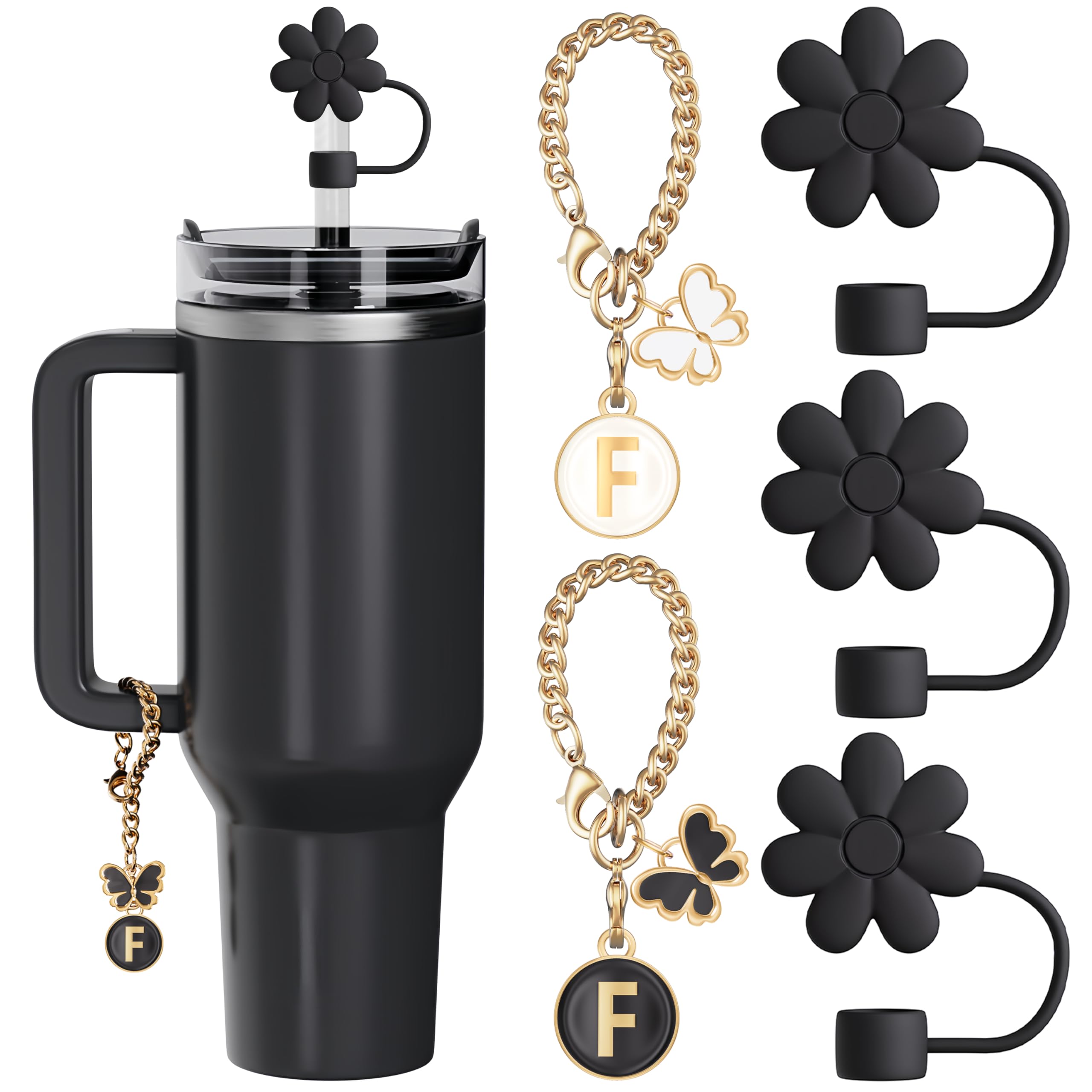 Compatible with Stanley Cup Accessories, 3PCS Black Straw Toppers for Stanley Cup Straw Cover Cap, 2PCS Cute Letter for 30&40 Oz Tumbler with Handle(F)