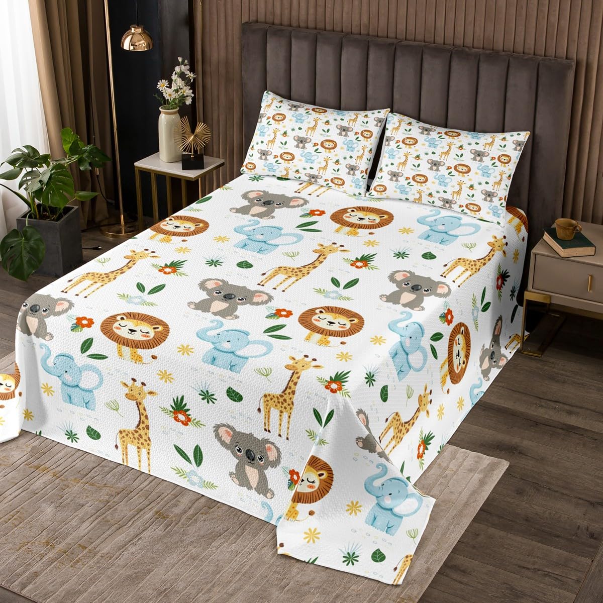 jejeloiu Cute Zoo Bedspread Queen Size Lion Elephant Giraffe Koala Coverlet Set for Kids Cartoon Animals Quilted Coverlet Soft Lightweight Microfiber Bedroom Decor