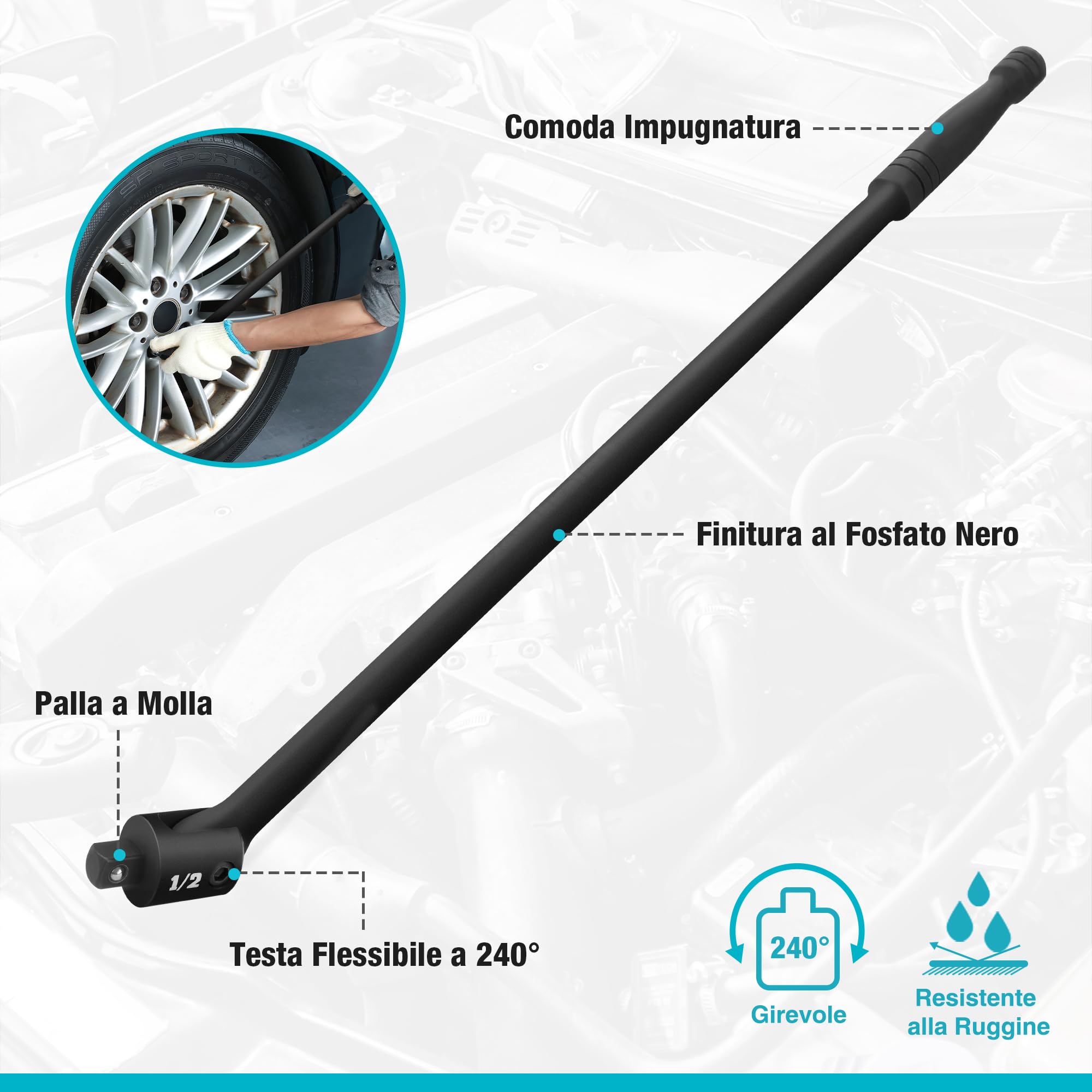 DURATECH Barra di Rottura da 1/2, Lunghezza 600 mm, Con Testa Flessibile a 240°, Barra per Carichi Pesanti con Impugnatura Antiscivolo, Nera